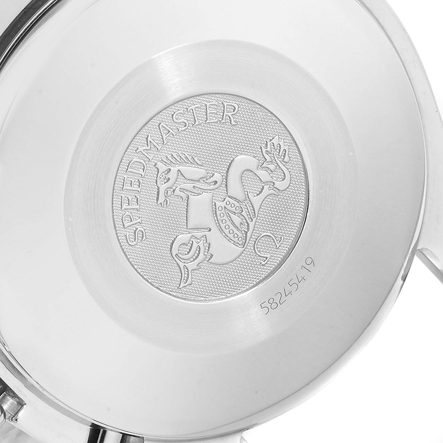 The image shows the case back of an Omega Speedmaster 3523.80.00 Men
s Stainless Steel Blue Dial 3523.80.00 Men
s Stainless Steel Blue Dial watch.