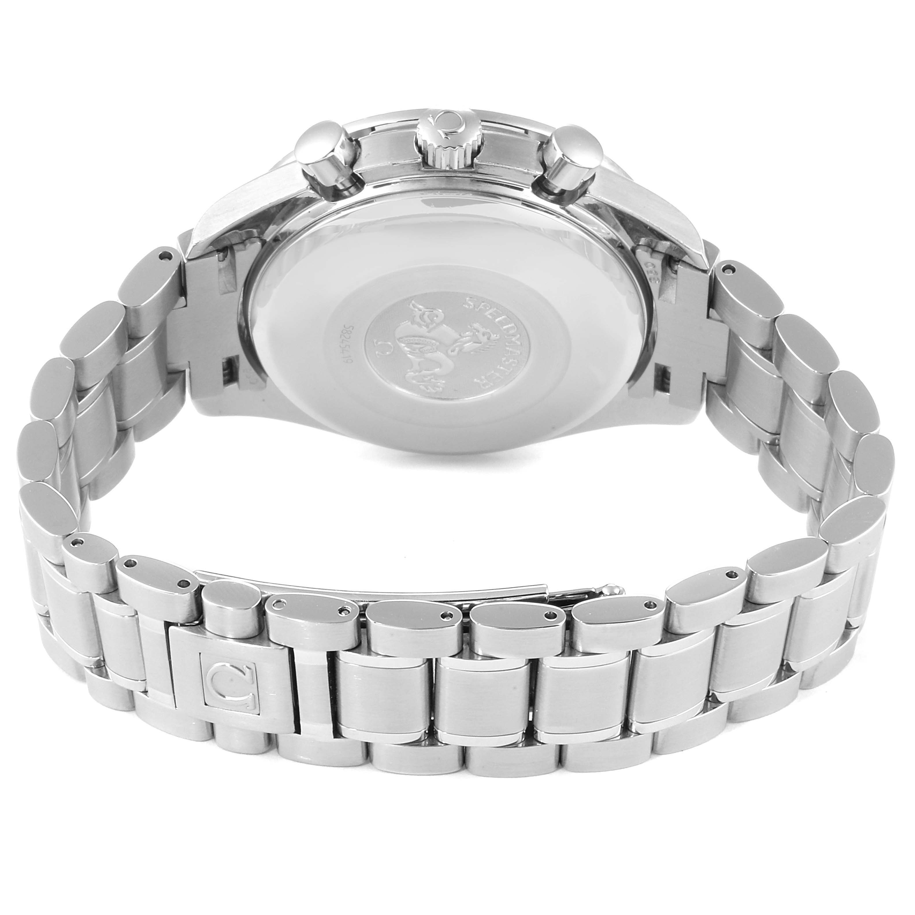 The image shows the back and sides of an Omega Speedmaster 3523.80.00 Men
s Stainless Steel Blue Dial 3523.80.00 Men
s Stainless Steel Blue Dial watch, focusing on the case back, crown, pushers, and metal bracelet.