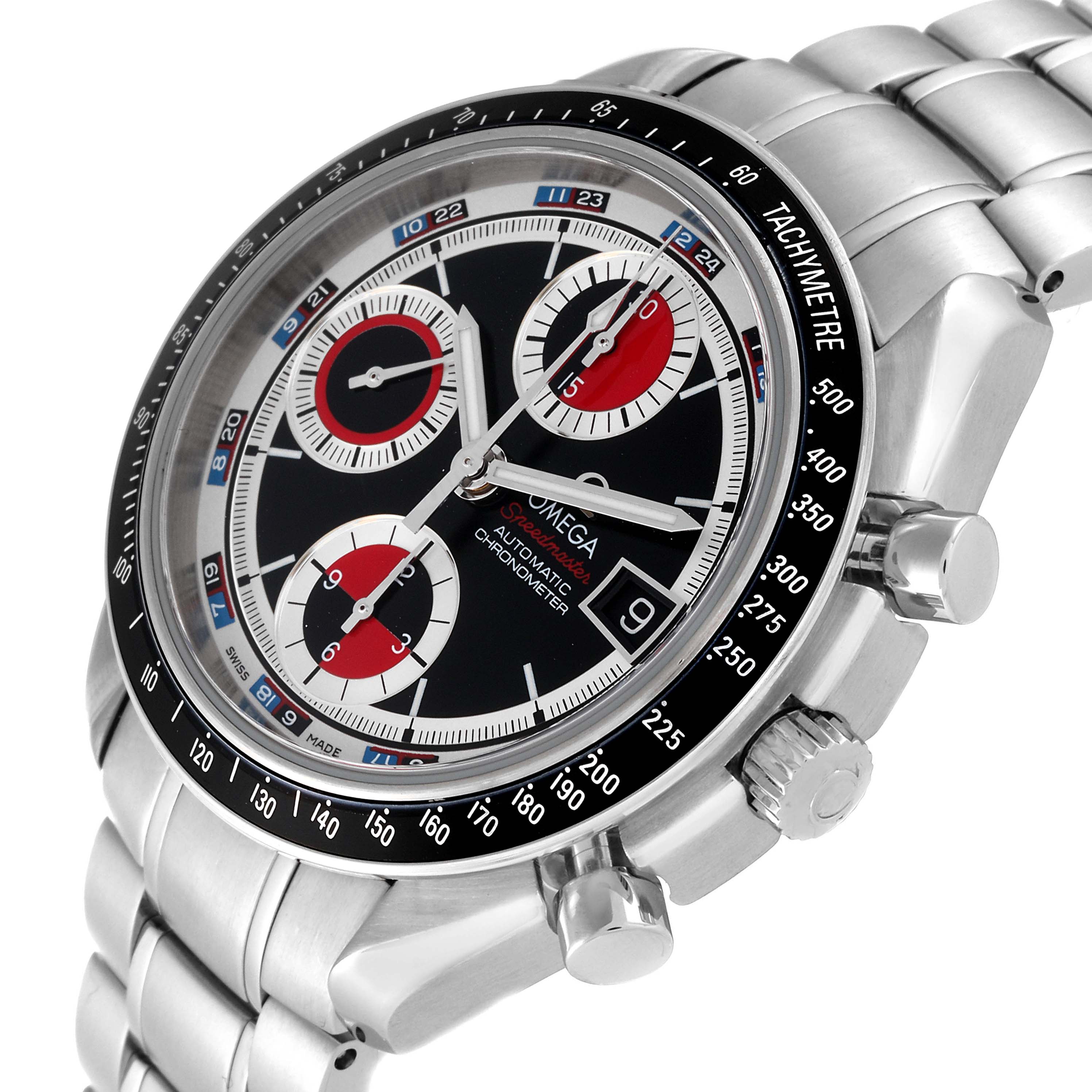 This Omega Speedmaster 3210.52.00 Men's Stainless Steel Black Dial 3210.52.00 Men's Stainless Steel Black Dial watch is shown from a slight angle, displaying the dial, chronograph subdials, bezel, date window, and bracelet.