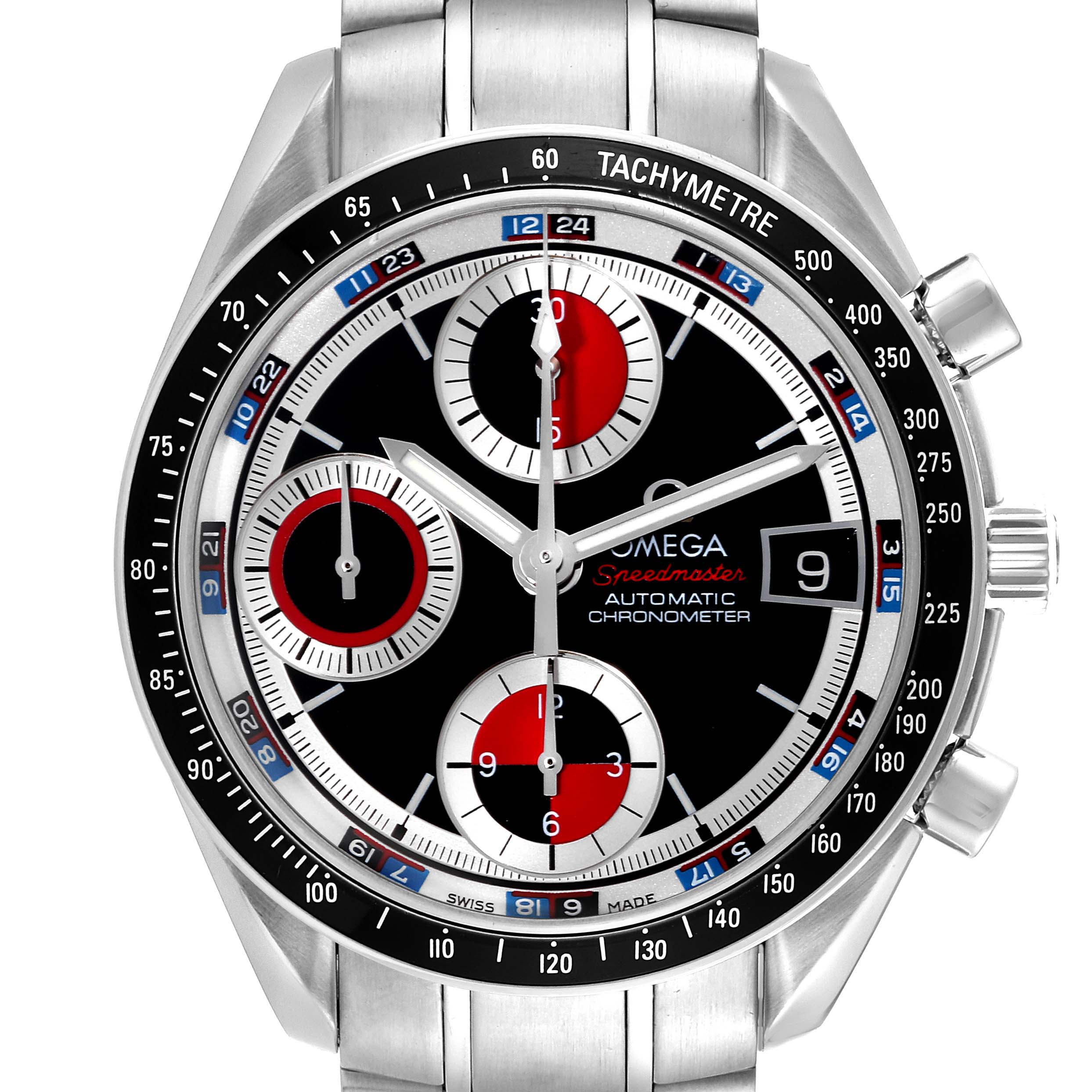 The image shows a front view of an Omega Speedmaster 3210.52.00 Men's Stainless Steel Black Dial 3210.52.00 Men's Stainless Steel Black Dial watch displaying its tachymeter, date window, and three subdials.