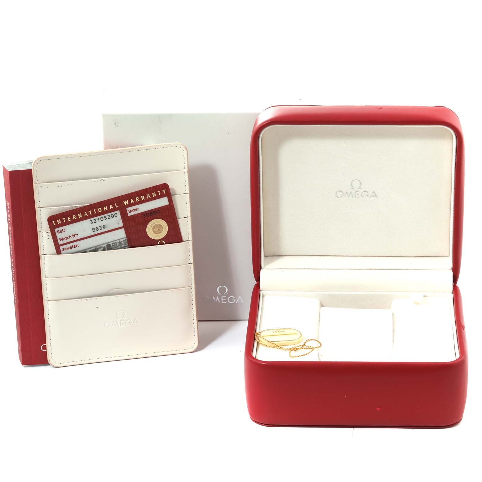 The image shows an Omega Speedmaster 3210.52.00 Men's Stainless Steel Black Dial 3210.52.00 Men's Stainless Steel Black Dial watch box, warranty card, and tags, displayed from the front angle.