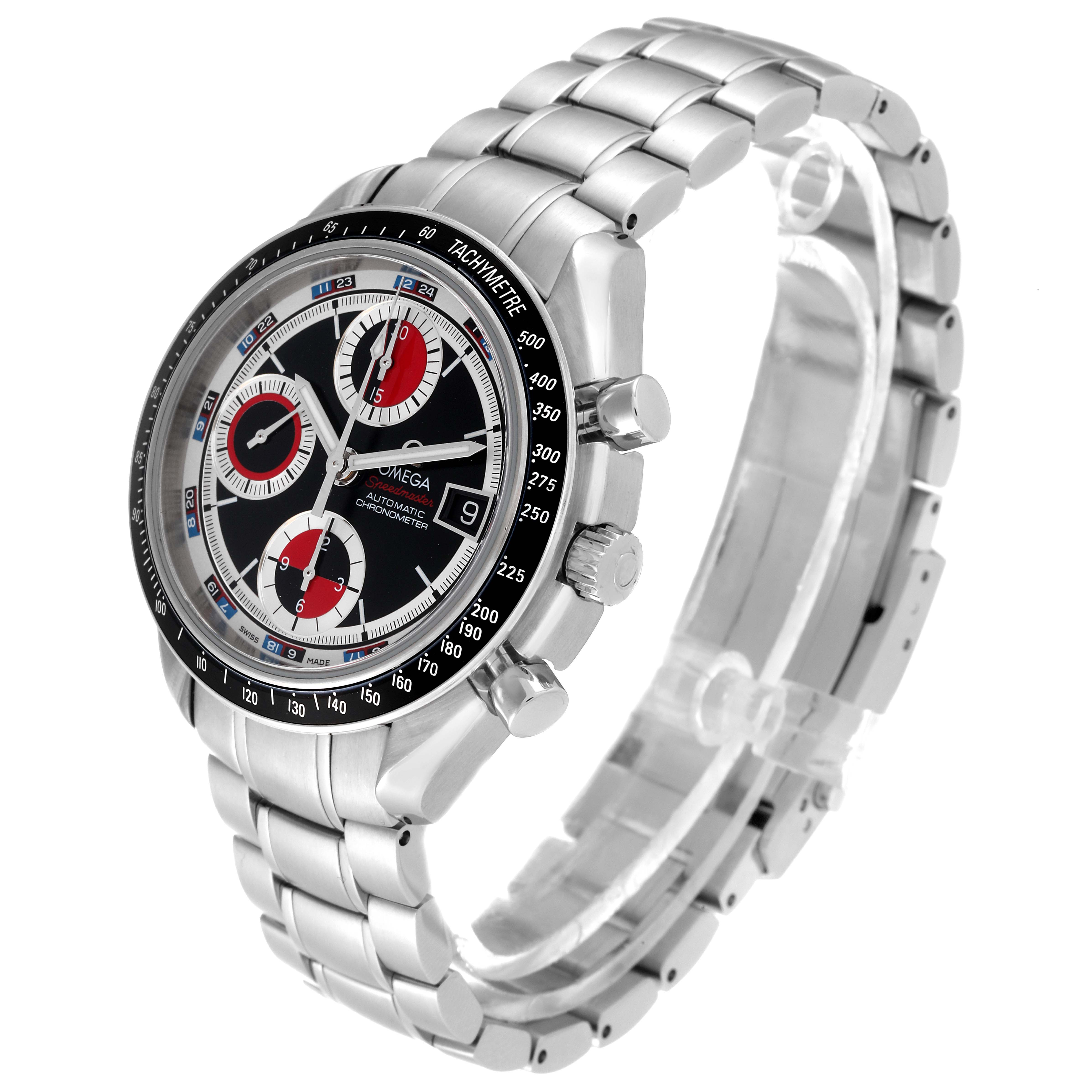 The Omega Speedmaster 3210.52.00 Men's Stainless Steel Black Dial 3210.52.00 Men's Stainless Steel Black Dial watch is shown at a three-quarter angle, displaying the bezel, dial, pushers, crown, and bracelet.