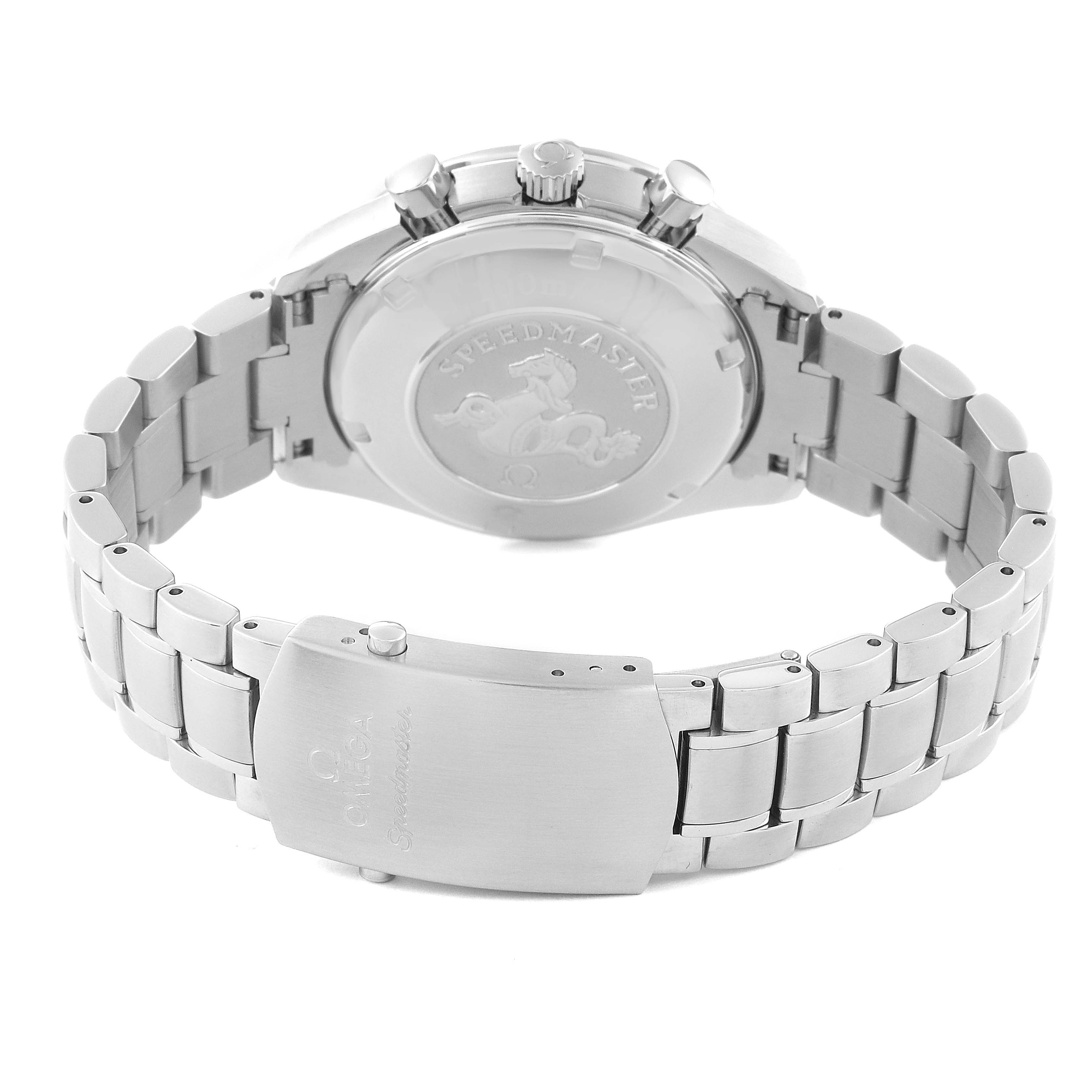 The image shows the back and clasp of an Omega Speedmaster 3210.52.00 Men's Stainless Steel Black Dial 3210.52.00 Men's Stainless Steel Black Dial watch, highlighting the engraved case back and metal bracelet.