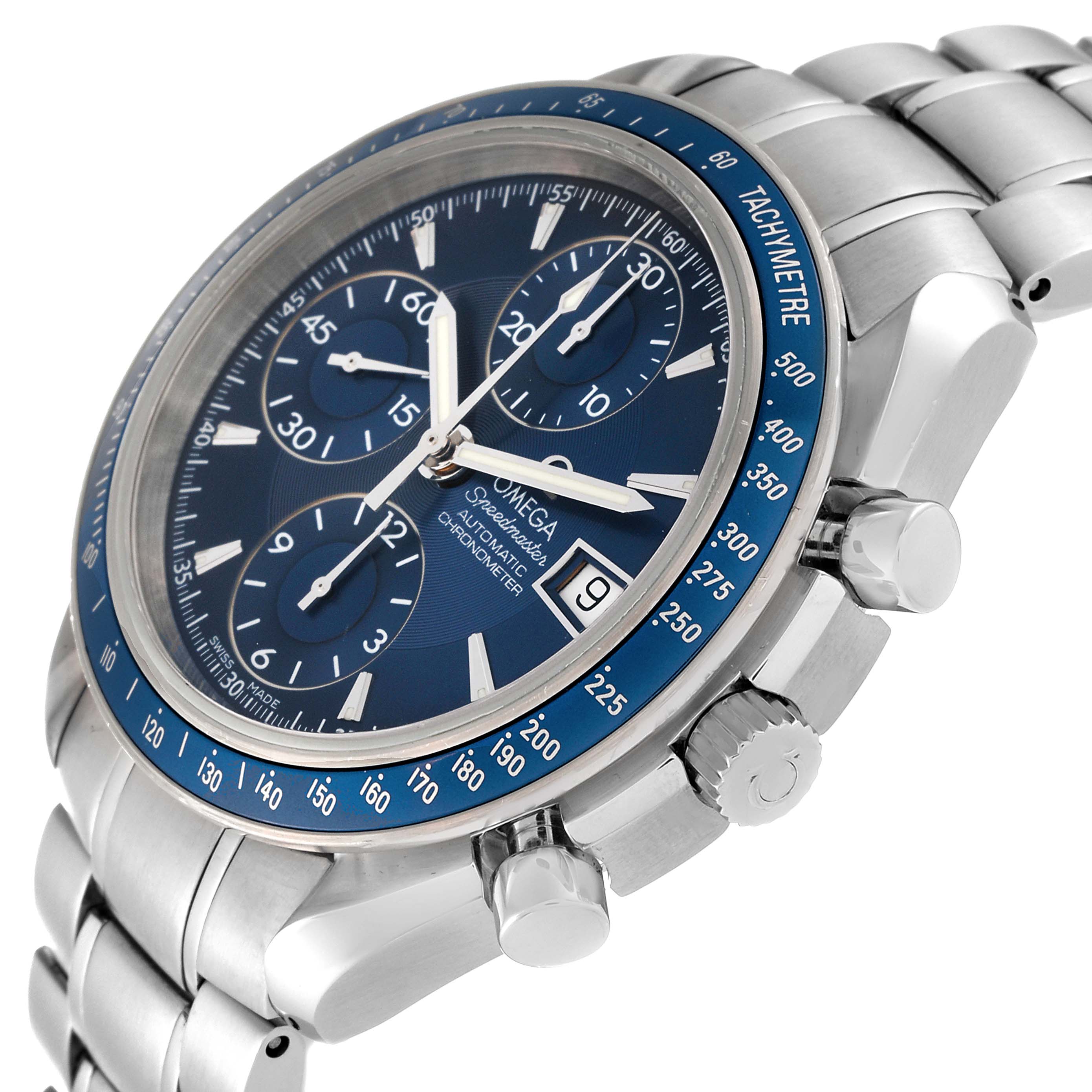 The image shows a close-up angle of an Omega Speedmaster 3212.80.00 Men
s Stainless Steel Blue Dial 3212.80.00 Men
s Stainless Steel Blue Dial watch, highlighting its blue dial, tachymeter bezel, sub-dials, pushers, crown, and bracelet.