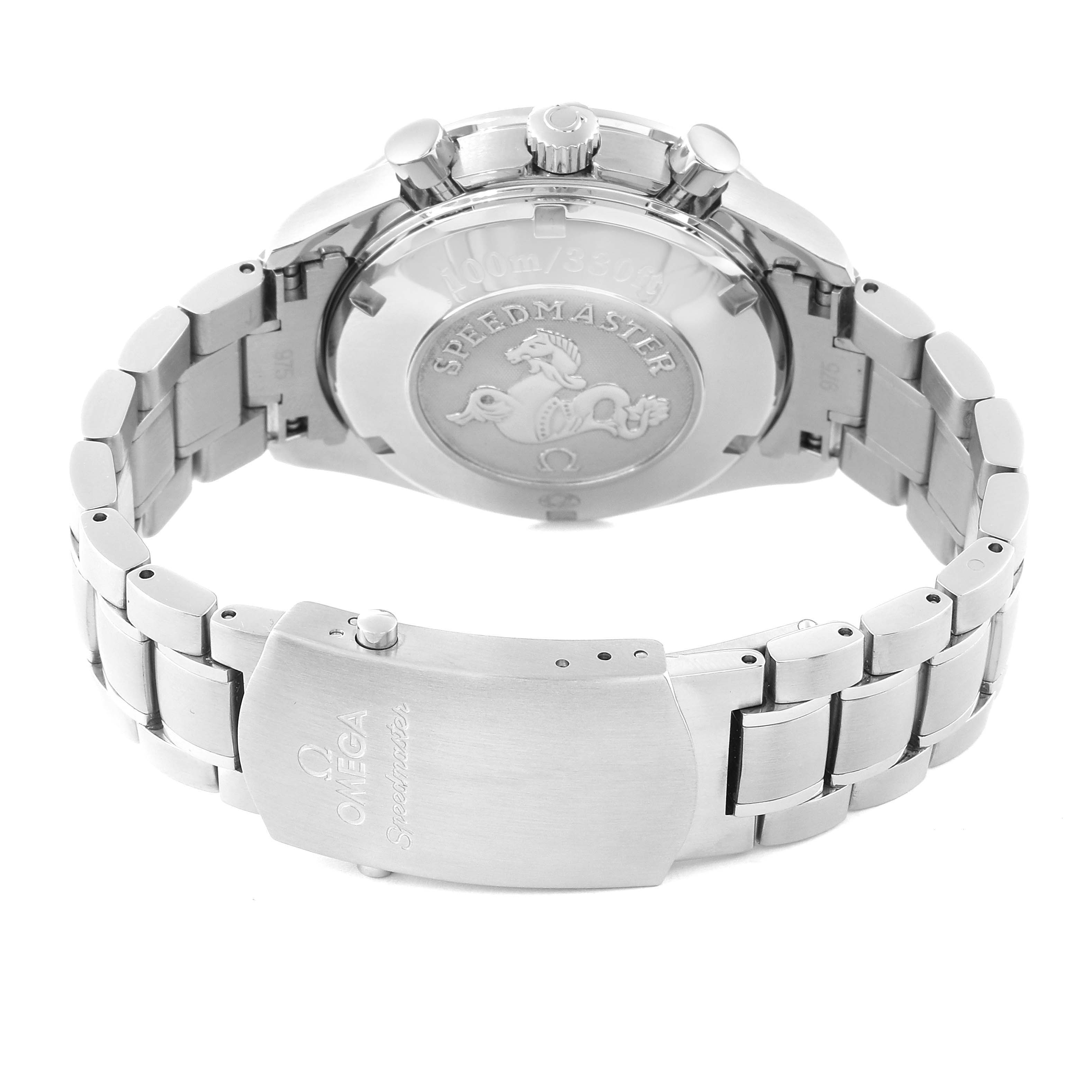 The image shows the back view of an Omega Speedmaster 3212.80.00 Men
s Stainless Steel Blue Dial 3212.80.00 Men
s Stainless Steel Blue Dial watch, highlighting the case back, bracelet, and clasp.