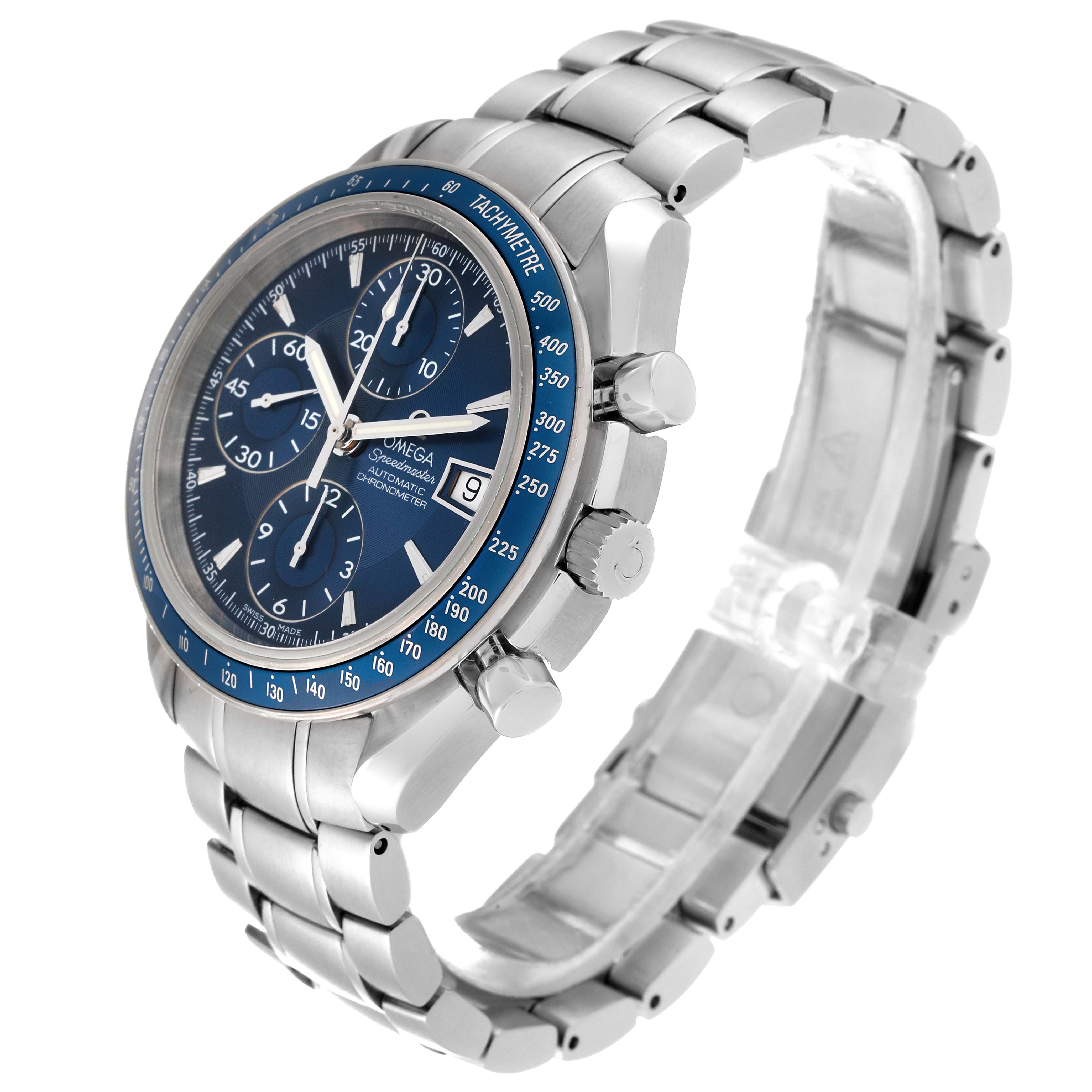 The image shows an angled side view of the Omega Speedmaster 3212.80.00 Men
s Stainless Steel Blue Dial 3212.80.00 Men
s Stainless Steel Blue Dial watch, highlighting its face, dials, bezel, and bracelet.