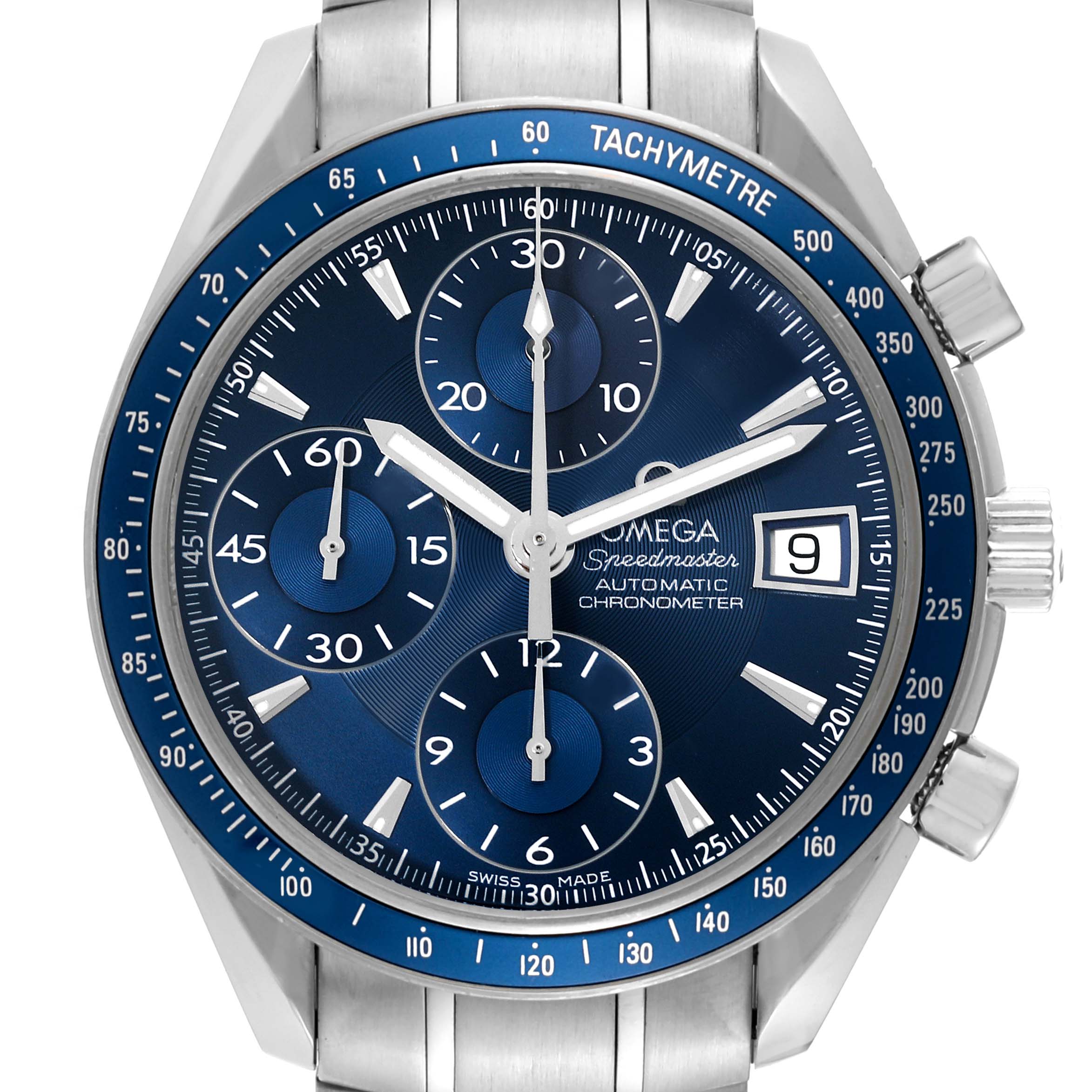The Omega Speedmaster 3212.80.00 Men
s Stainless Steel Blue Dial 3212.80.00 Men
s Stainless Steel Blue Dial watch is shown from a front angle, highlighting the blue dial, tachymeter bezel, subdials, and date window.
