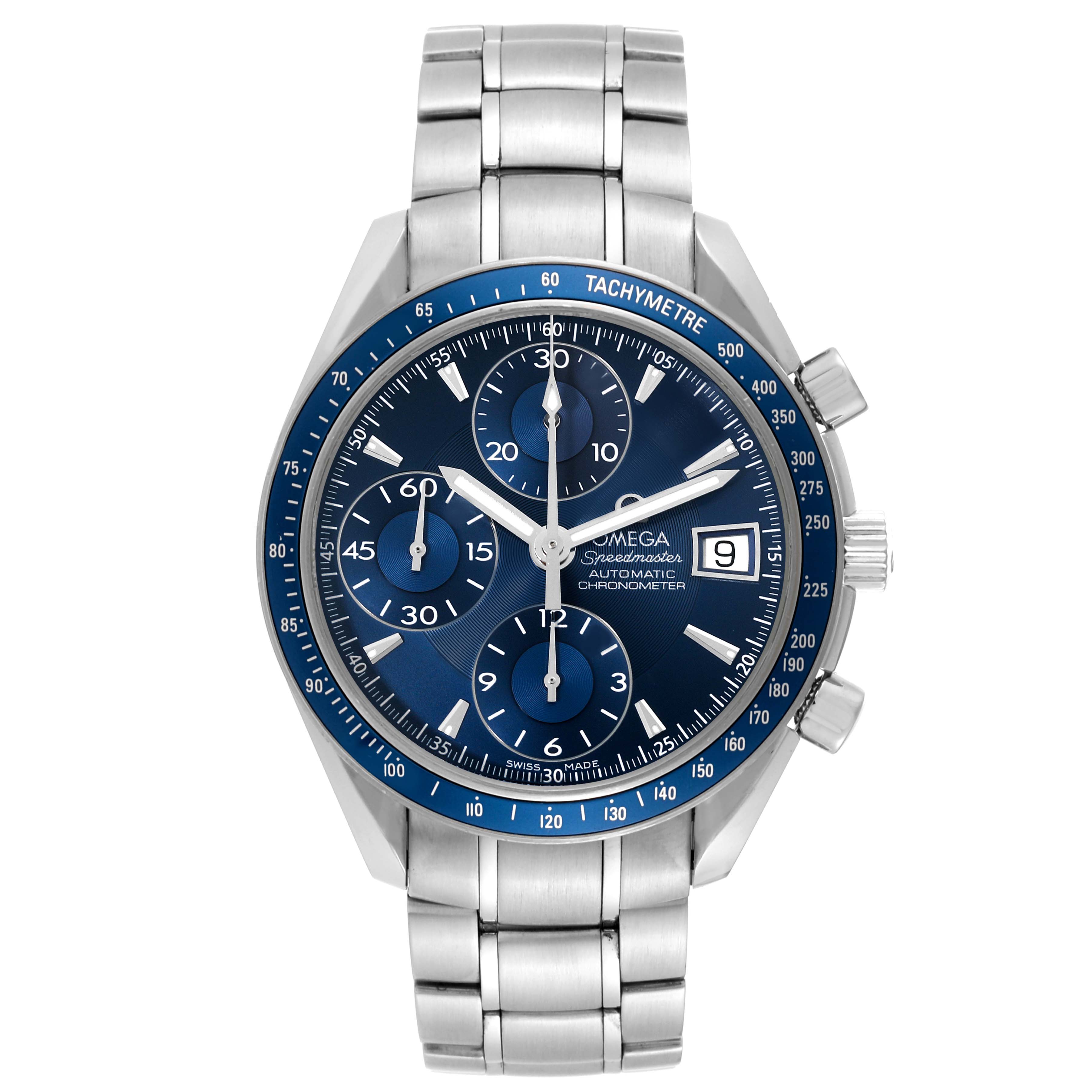 The Omega Speedmaster 3212.80.00 Men
s Stainless Steel Blue Dial 3212.80.00 Men
s Stainless Steel Blue Dial watch is shown from a front angle, highlighting its blue dial, chronograph subdials, and metallic bracelet.