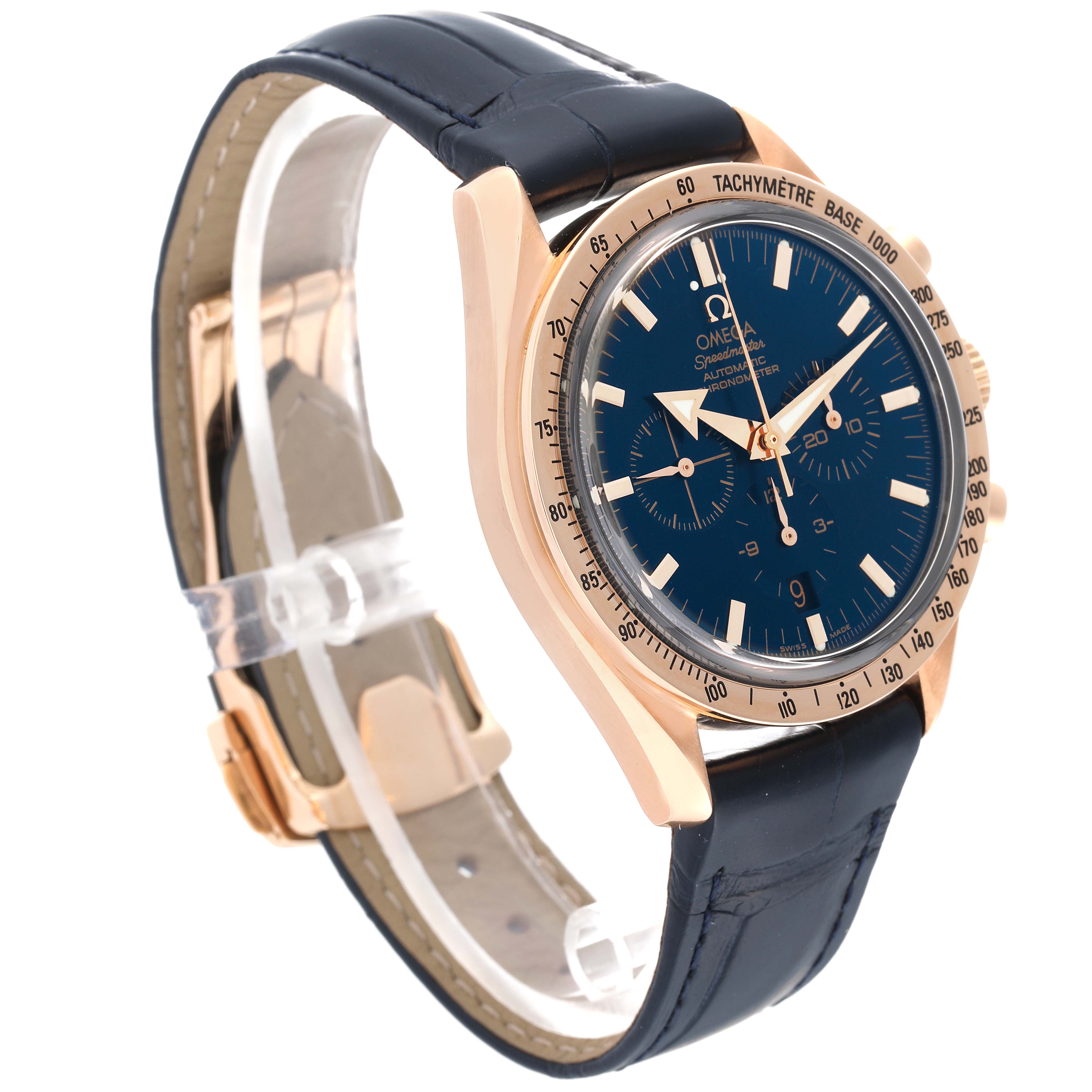 The image shows an Omega Speedmaster 3653.80.33 Men's Rose Gold Blue Dial 3653.80.33 Men's Rose Gold Blue Dial watch at a three-quarter angle, highlighting its bezel, dial, and leather strap.