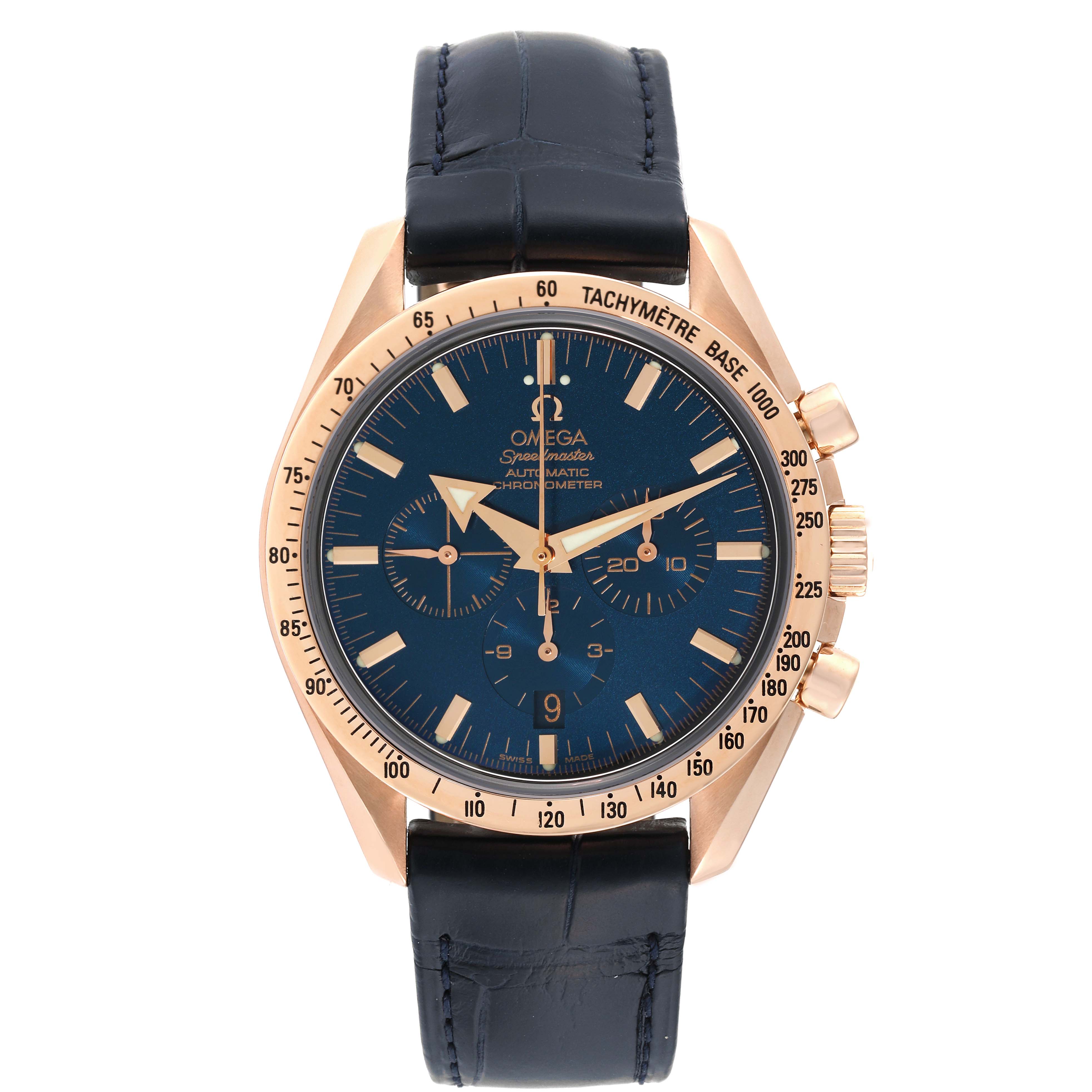 The image shows a front view of an Omega Speedmaster 3653.80.33 Men's Rose Gold Blue Dial 3653.80.33 Men's Rose Gold Blue Dial watch with a blue dial, gold accents, and a black leather strap.