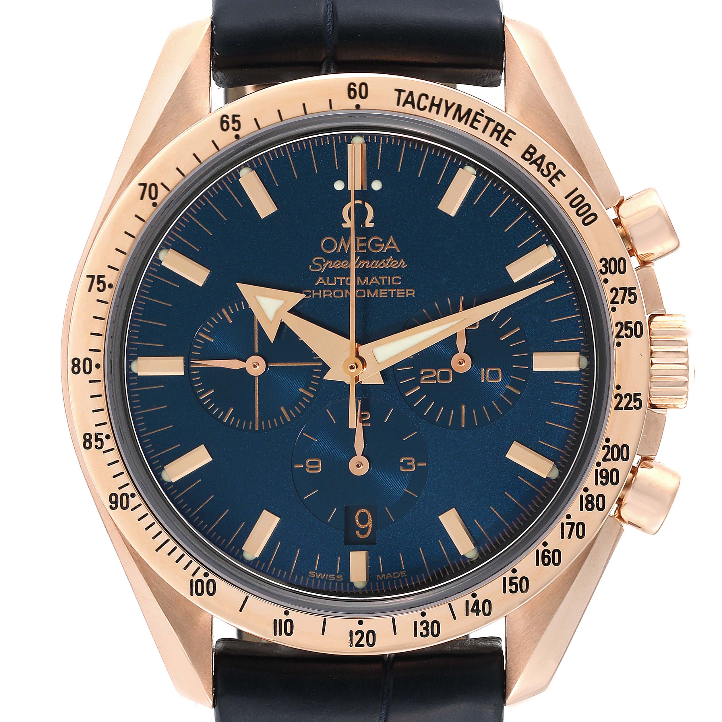 The image shows a front view of an Omega Speedmaster 3653.80.33 Men's Rose Gold Blue Dial 3653.80.33 Men's Rose Gold Blue Dial watch, featuring the dial, bezel, subdials, and crown.