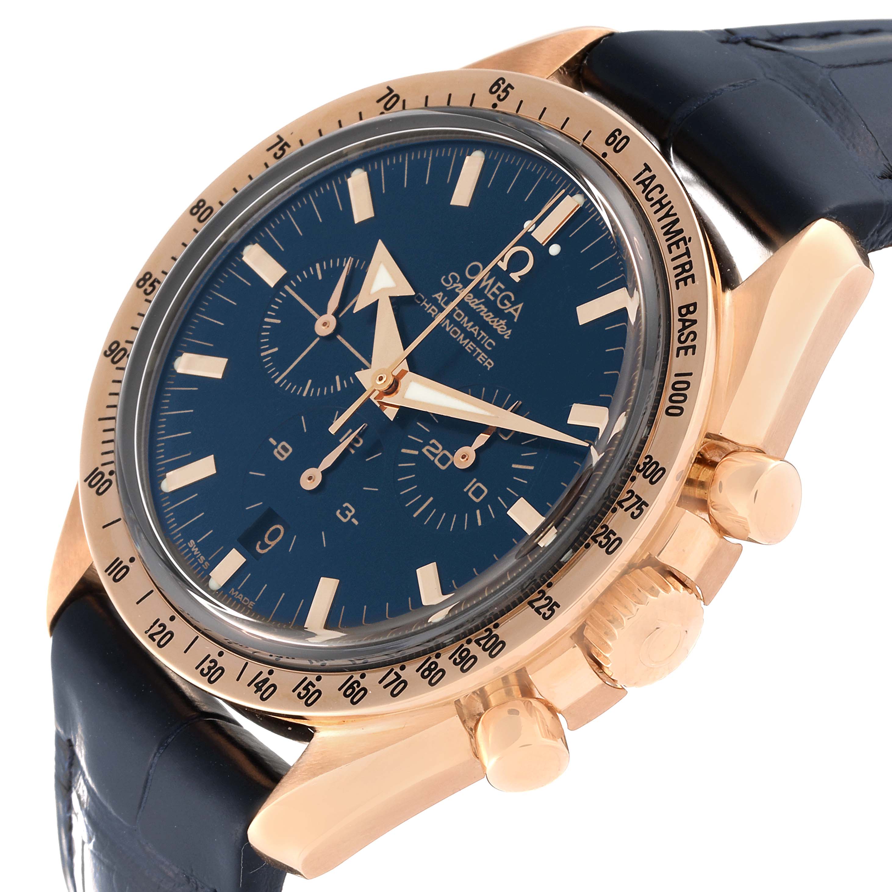 This image shows an angled view of an Omega Speedmaster 3653.80.33 Men's Rose Gold Blue Dial 3653.80.33 Men's Rose Gold Blue Dial watch, highlighting the blue dial, gold casing, and tachymeter bezel.