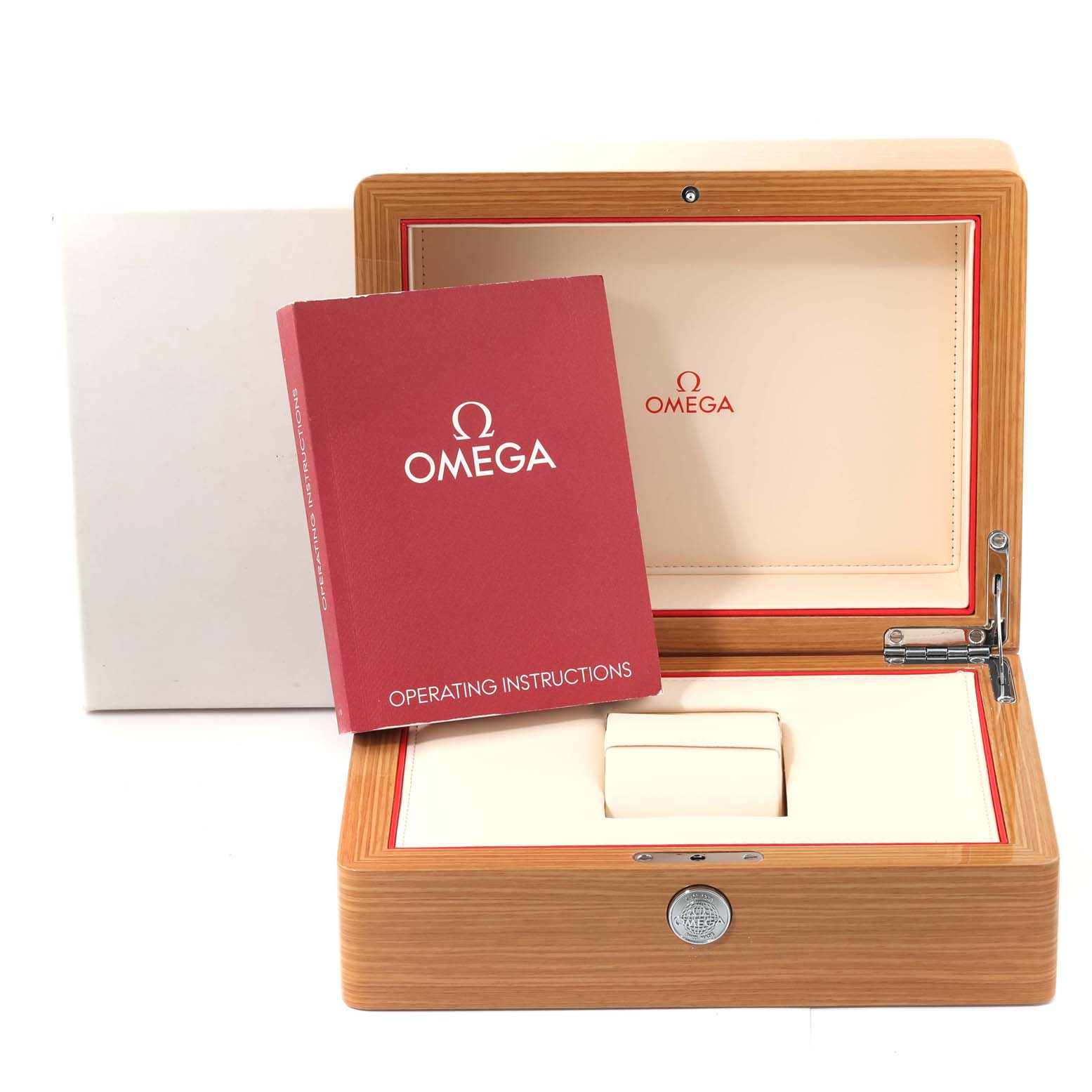 The image shows an Omega Speedmaster 3653.80.33 Men's Rose Gold Blue Dial 3653.80.33 Men's Rose Gold Blue Dial watch box open, with operating instructions placed inside.