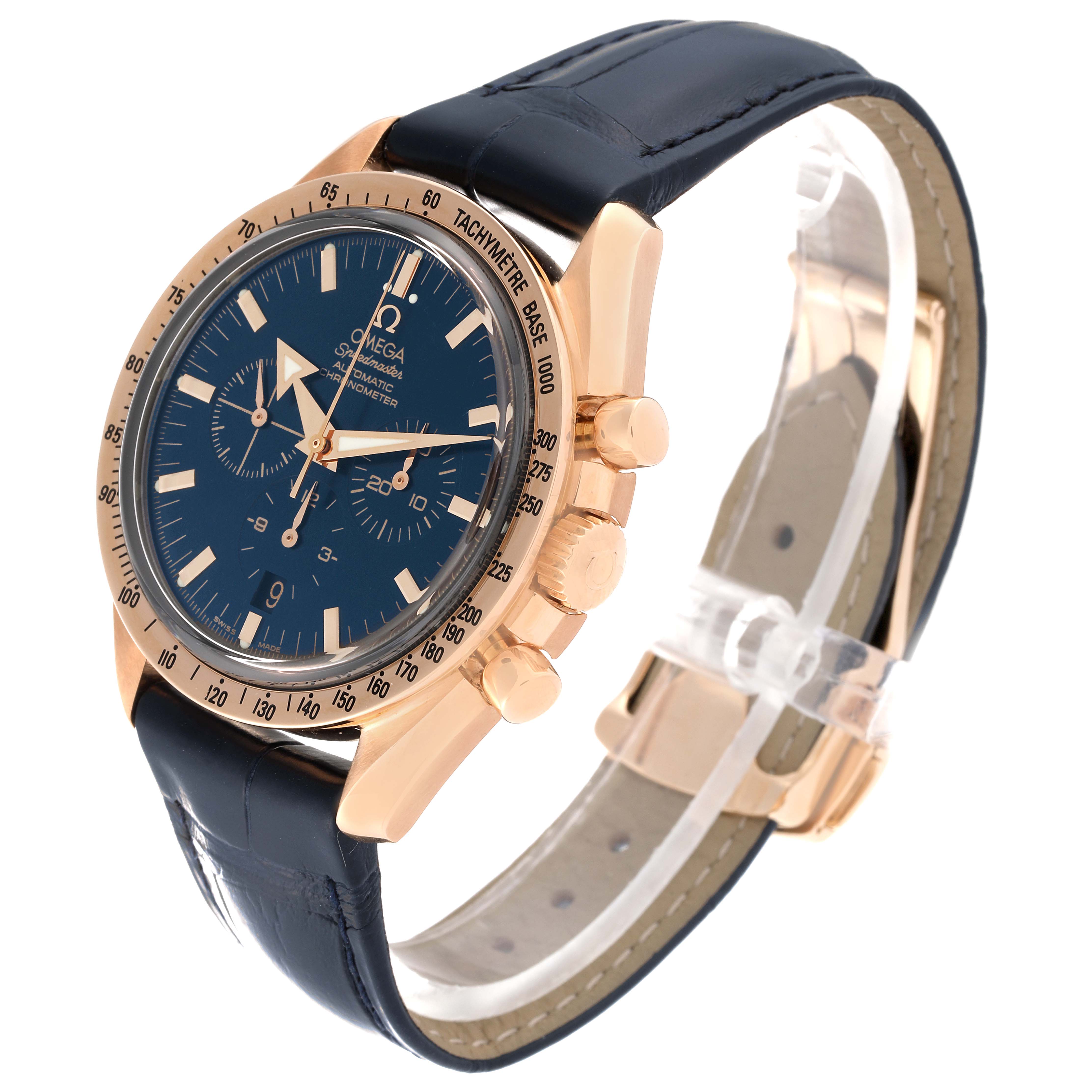 The Omega Speedmaster 3653.80.33 Men's Rose Gold Blue Dial 3653.80.33 Men's Rose Gold Blue Dial is shown at a three-quarter angle, highlighting the face, bezel, crown, pushers, and strap.