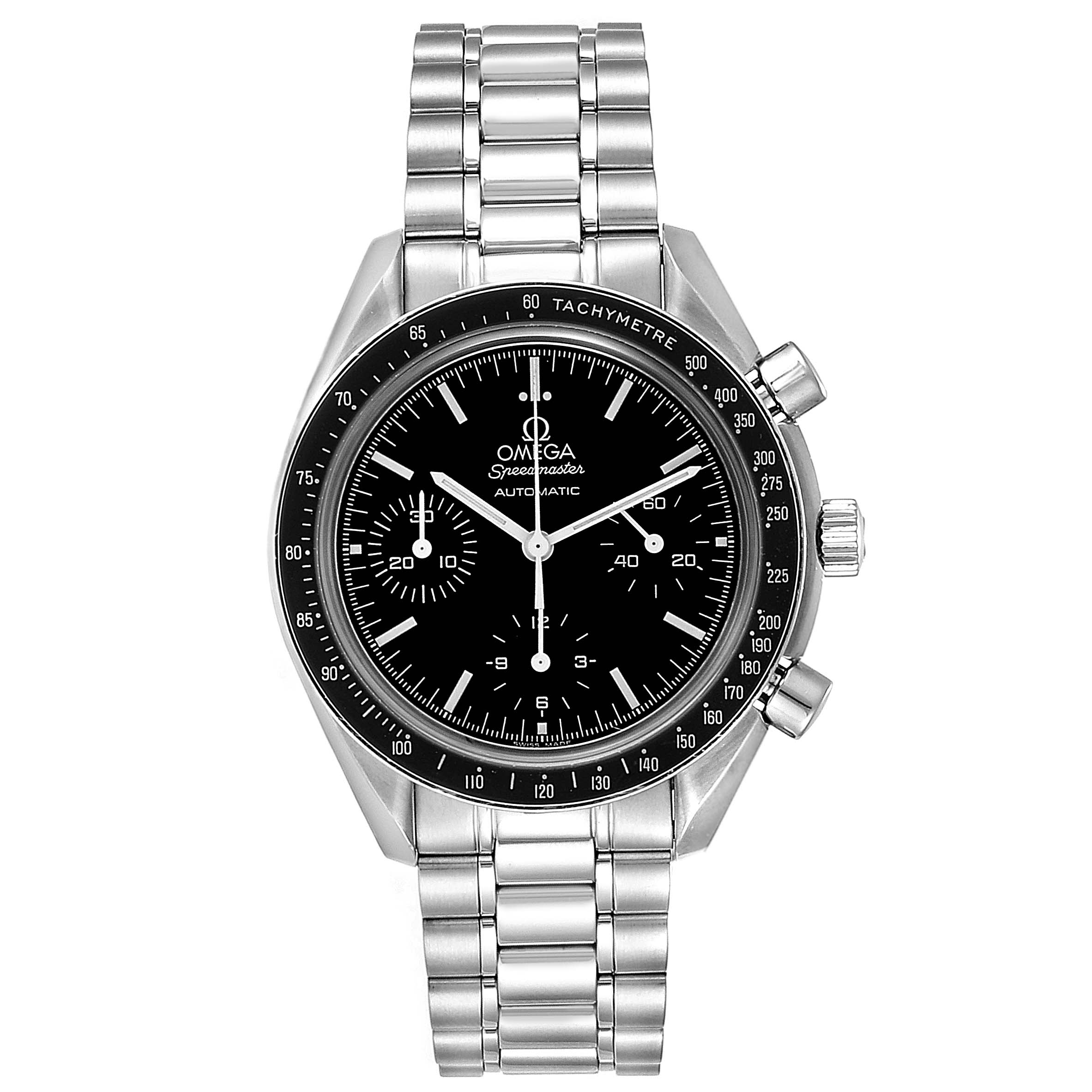 The image shows a frontal view of the Omega Speedmaster 3539.50.00 Men
s Stainless Steel Black Dial 3539.50.00 Men
s Stainless Steel Black Dial watch, highlighting its face, chronograph dials, bezel, and bracelet.