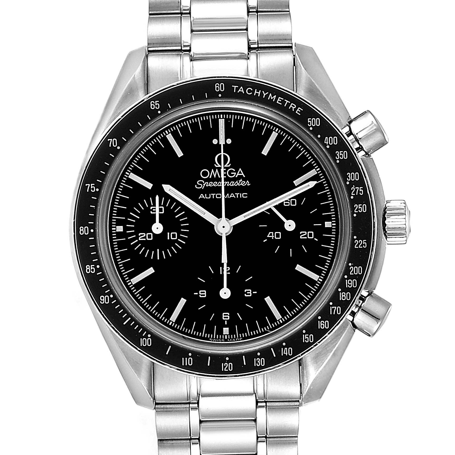 A frontal view of an Omega Speedmaster 3539.50.00 Men
s Stainless Steel Black Dial 3539.50.00 Men
s Stainless Steel Black Dial watch showing the dial, tachymeter bezel, pushers, and bracelet.