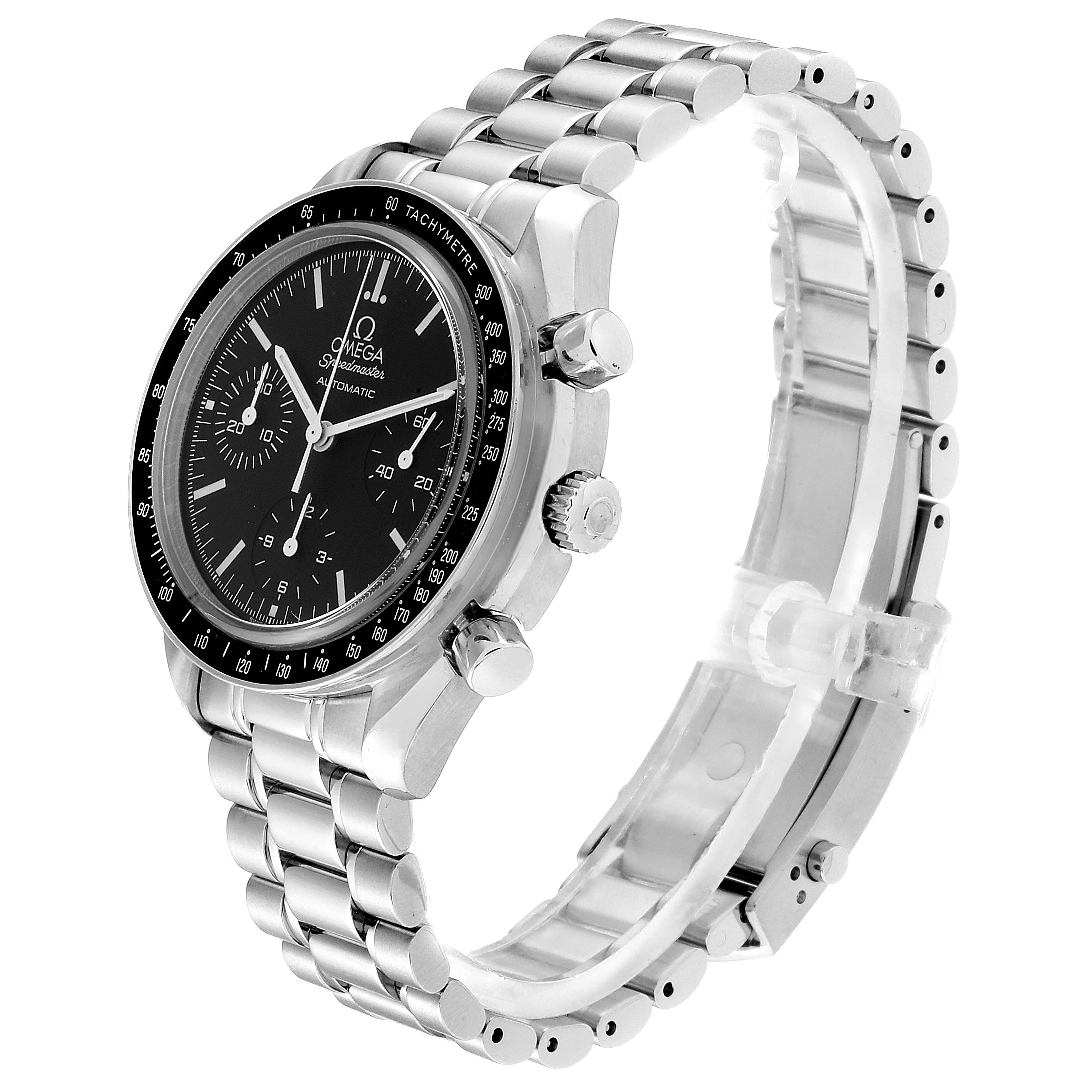 The Omega Speedmaster 3539.50.00 Men
s Stainless Steel Black Dial 3539.50.00 Men
s Stainless Steel Black Dial watch is shown at a three-quarter angle, displaying the face, bezel, case, crown, pushers, and steel bracelet.