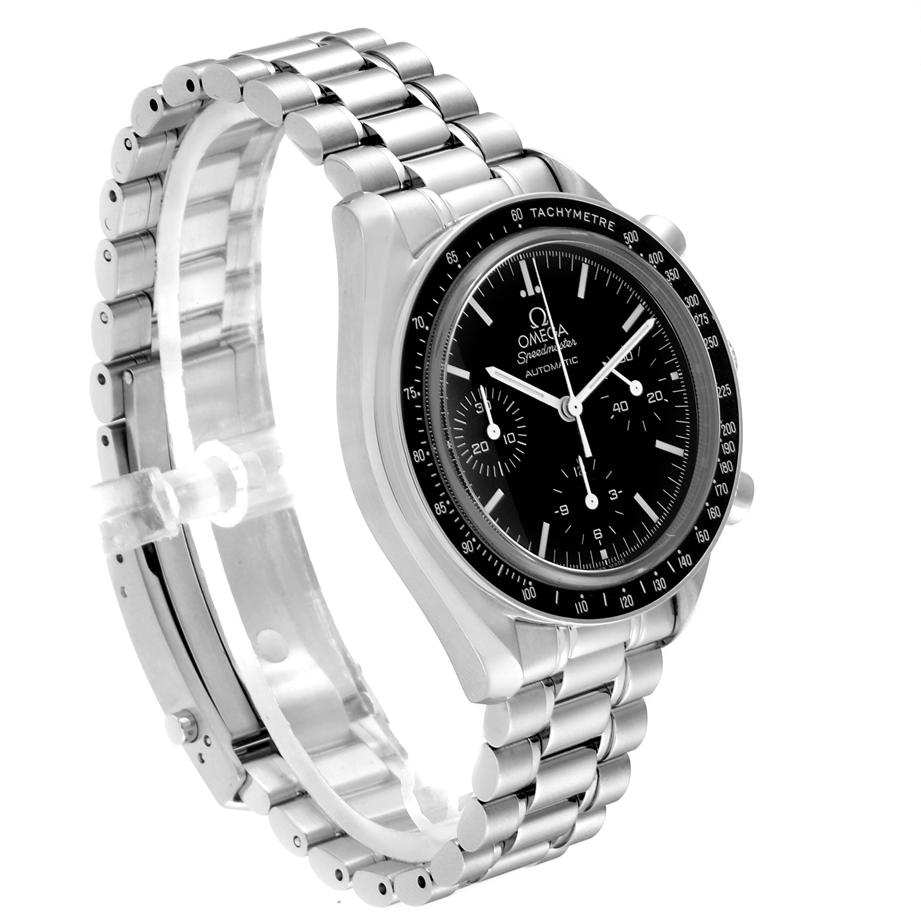 The image shows an angled view of an Omega Speedmaster 3539.50.00 Men
s Stainless Steel Black Dial 3539.50.00 Men
s Stainless Steel Black Dial watch displaying the bracelet, bezel, and dial with sub-dials.
