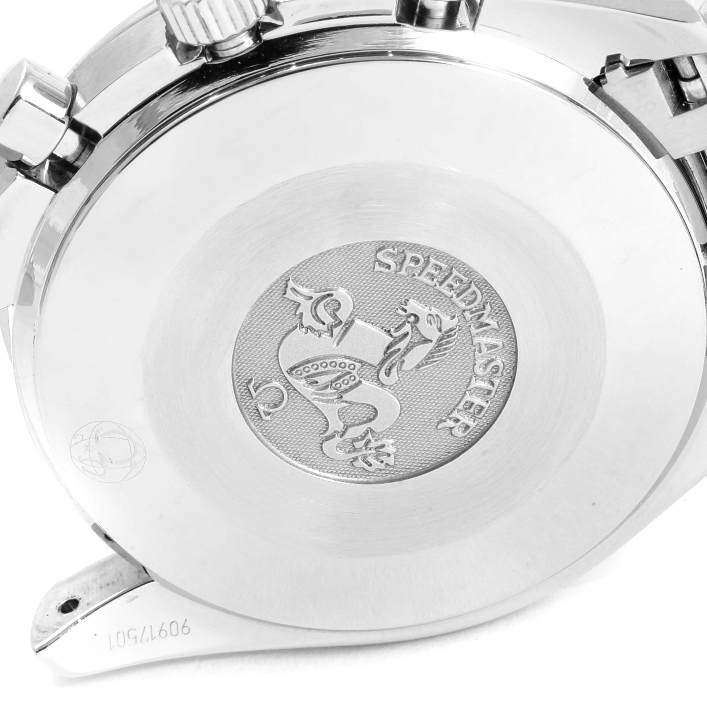 The image shows the back case of an Omega Speedmaster 3539.50.00 Men
s Stainless Steel Black Dial 3539.50.00 Men
s Stainless Steel Black Dial watch with its engraved logo and model name.