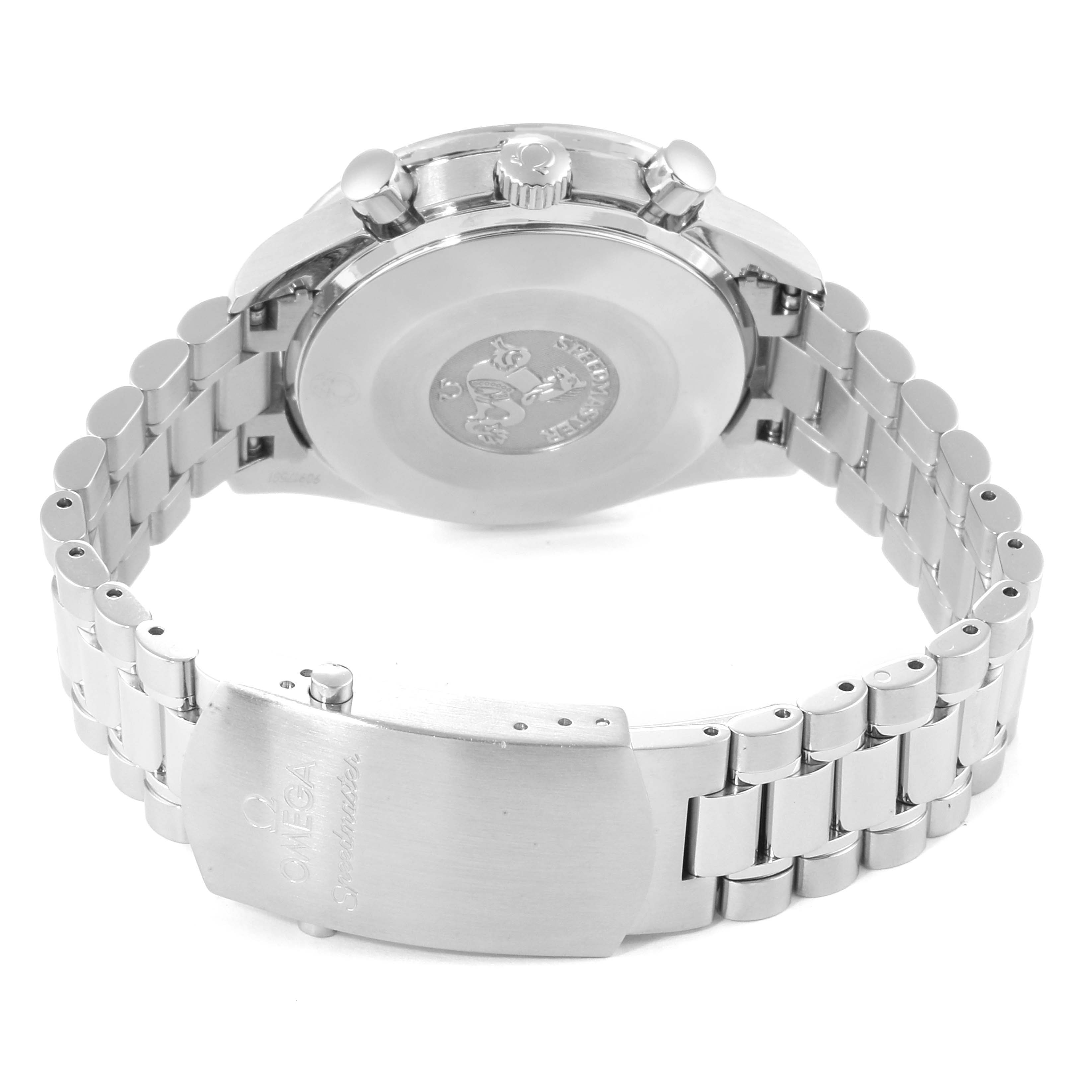 The image shows the back case and bracelet clasp of an Omega Speedmaster 3539.50.00 Men
s Stainless Steel Black Dial 3539.50.00 Men
s Stainless Steel Black Dial watch, viewed from the rear angle.