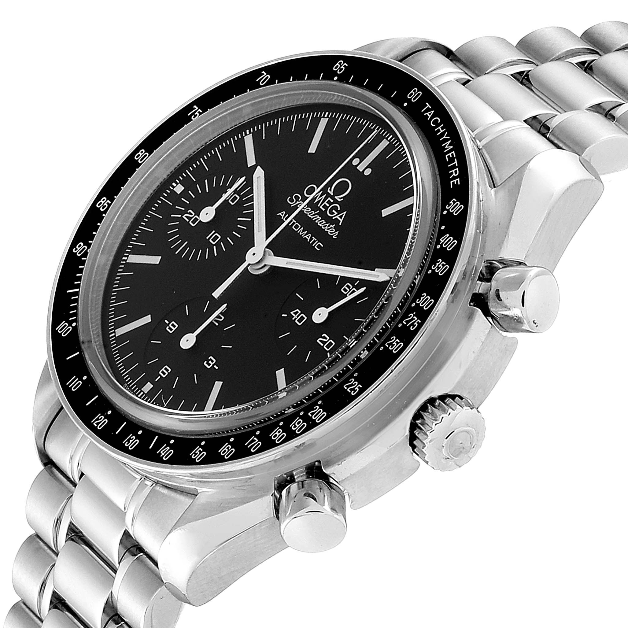 The image shows an angled view of the Omega Speedmaster 3539.50.00 Men
s Stainless Steel Black Dial 3539.50.00 Men
s Stainless Steel Black Dial watch, highlighting its black dial, tachymeter bezel, and stainless steel bracelet.