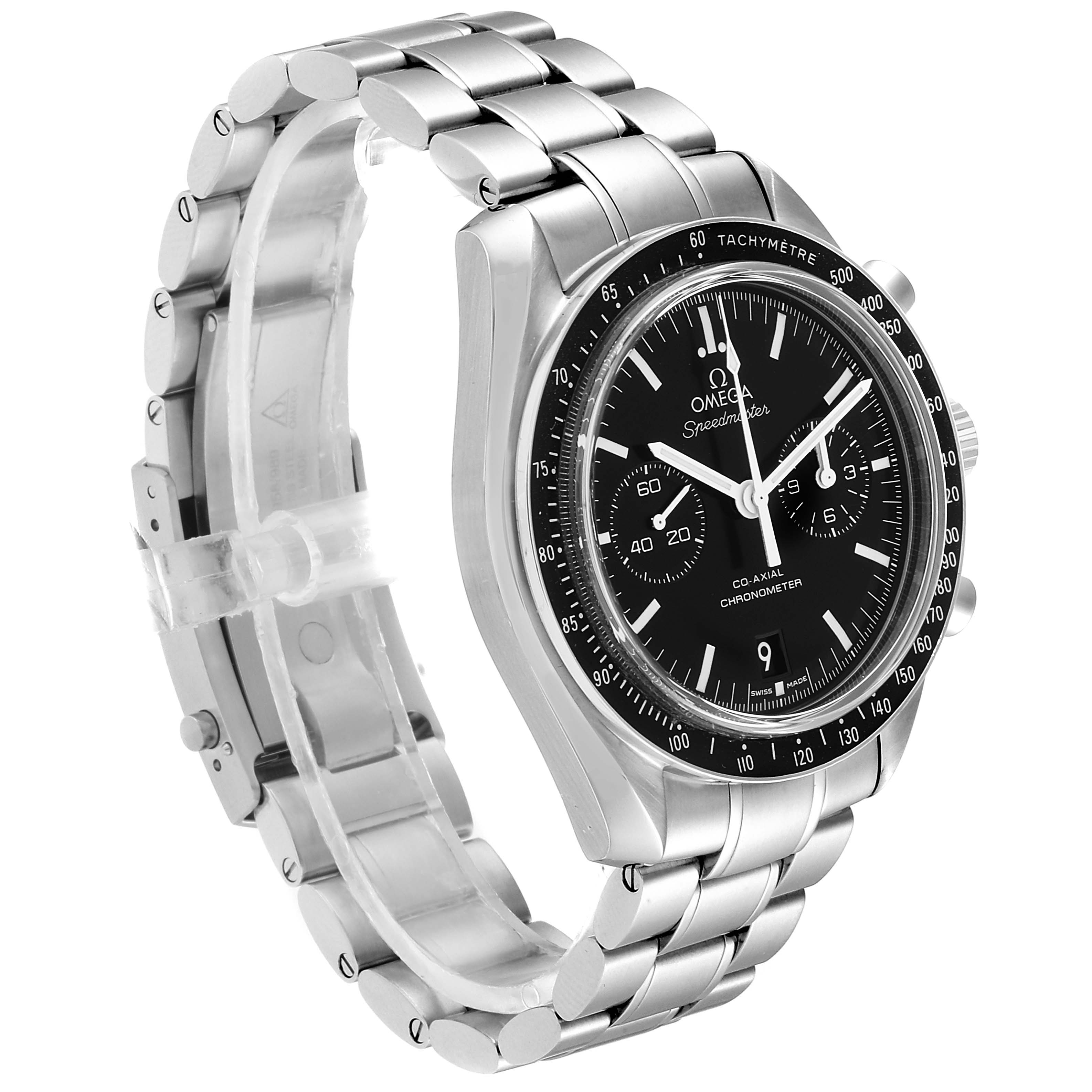 The Omega Speedmaster 311.30.44.51.01.002 Men
s Stainless Steel Black Dial 311.30.44.51.01.002 Men
s Stainless Steel Black Dial watch is shown at a three-quarter angle highlighting its face, bezel, and stainless steel bracelet.