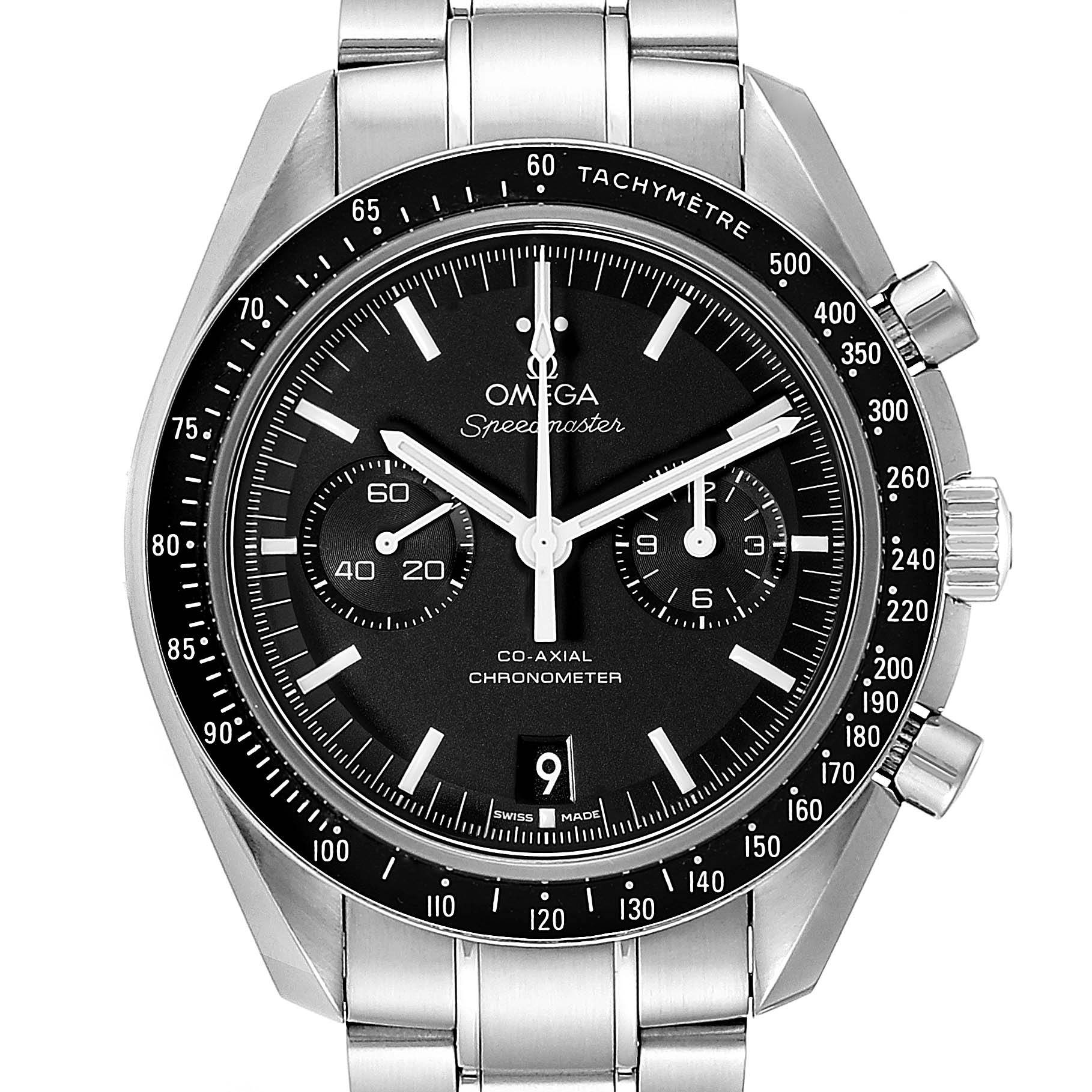 The image shows a front view of an Omega Speedmaster 311.30.44.51.01.002 Men
s Stainless Steel Black Dial 311.30.44.51.01.002 Men
s Stainless Steel Black Dial watch, displaying the dial, bezel, chronograph subdials, and bracelet.
