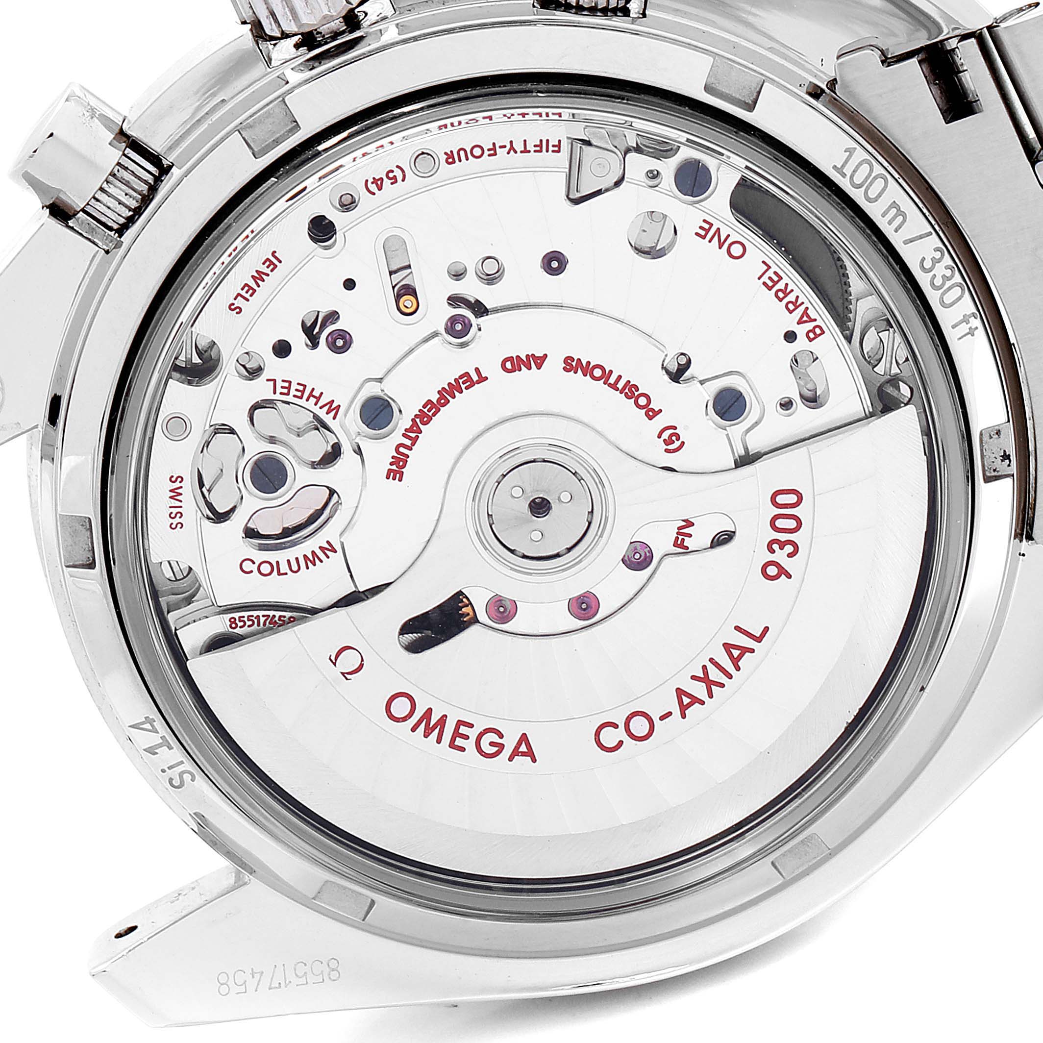 The image shows the back view of an Omega Speedmaster 311.30.44.51.01.002 Men
s Stainless Steel Black Dial 311.30.44.51.01.002 Men
s Stainless Steel Black Dial watch, revealing its Co-Axial 9300 movement.