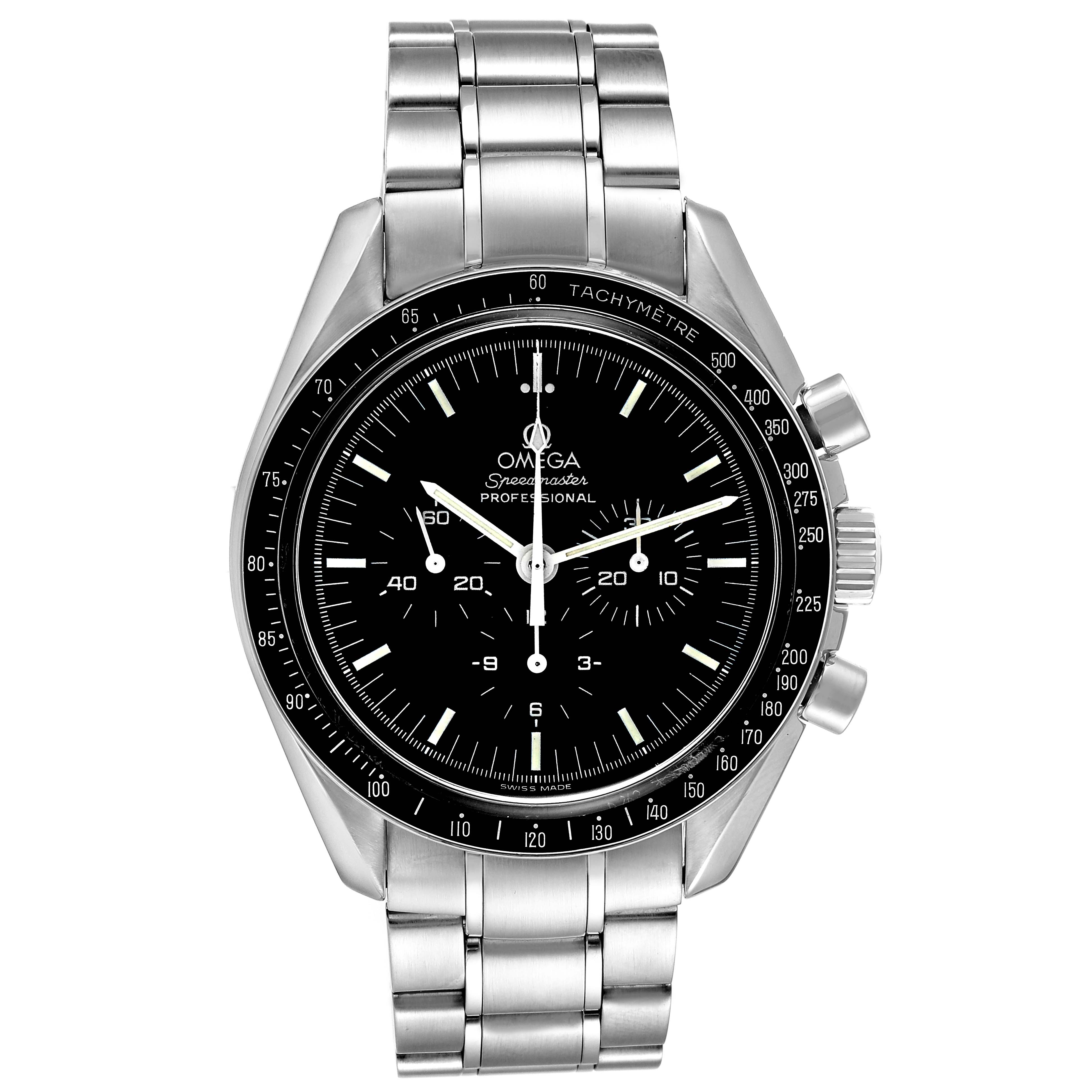 The image shows a frontal view of the Omega Speedmaster 3572.50.00 Men
s Stainless Steel Black Dial 3572.50.00 Men
s Stainless Steel Black Dial watch, displaying its black dial, tachymeter bezel, and metal bracelet.