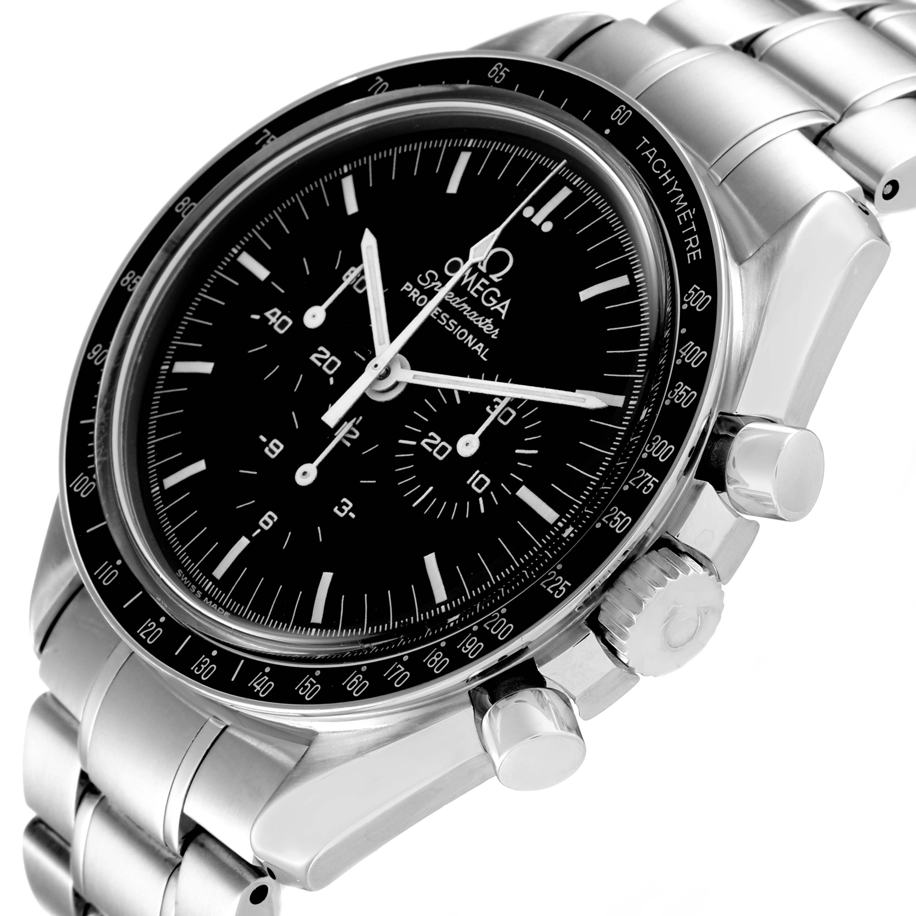 The image shows a close-up angled view of the Omega Speedmaster 3572.50.00 Men
s Stainless Steel Black Dial 3572.50.00 Men
s Stainless Steel Black Dial
s dial, bezel, crown, pushers, and part of the bracelet.