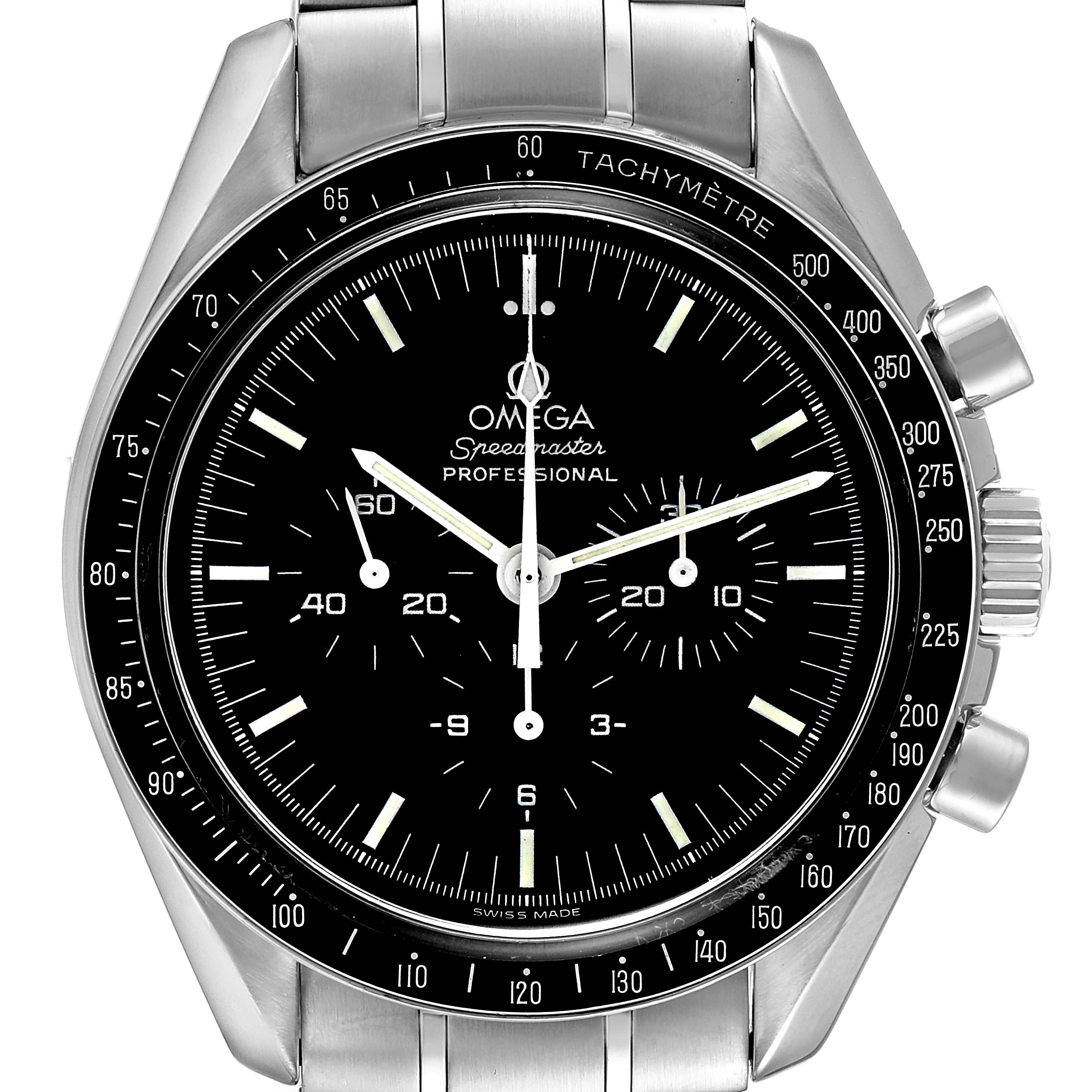 The image shows a front view of the Omega Speedmaster 3572.50.00 Men
s Stainless Steel Black Dial 3572.50.00 Men
s Stainless Steel Black Dial watch, highlighting its black dial, tachymetre bezel, and stainless steel bracelet.