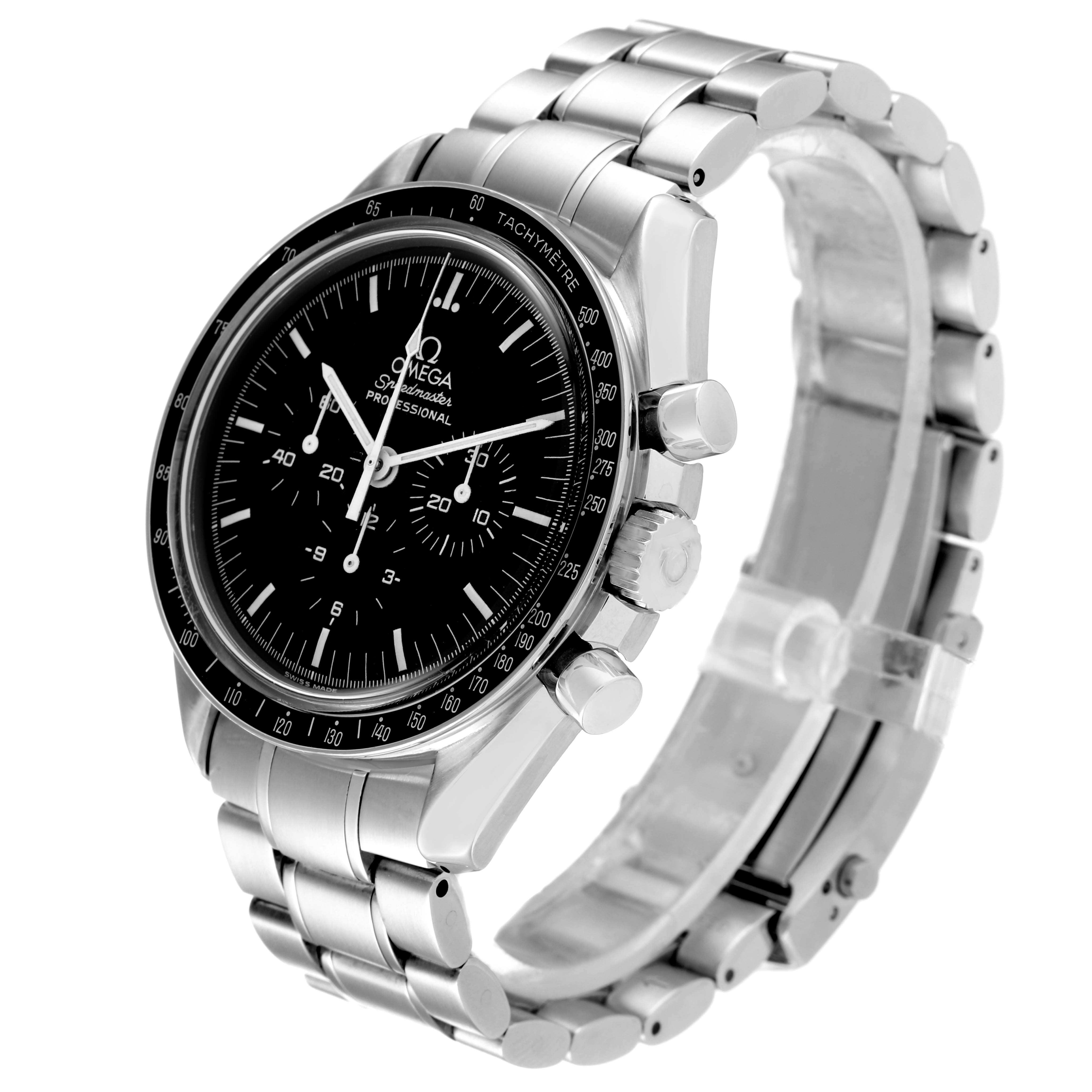 This image shows an angled view of the Omega Speedmaster 3572.50.00 Men
s Stainless Steel Black Dial 3572.50.00 Men
s Stainless Steel Black Dial watch, highlighting its face, bezel, pushers, and metal bracelet.