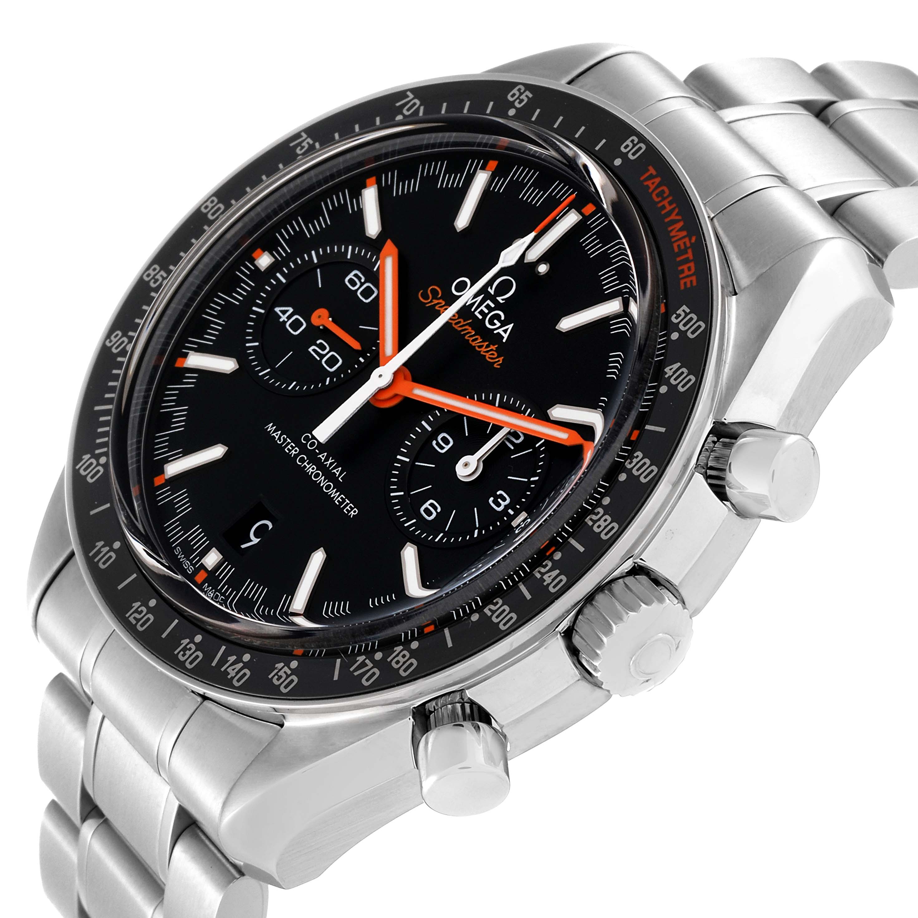 This image shows the Omega Speedmaster 329.30.44.51.01.002 Men's Stainless Steel Black Dial 329.30.44.51.01.002 Men's Stainless Steel Black Dial watch at a three-quarter angle, highlighting its dial, bezel, crown, and subdials.