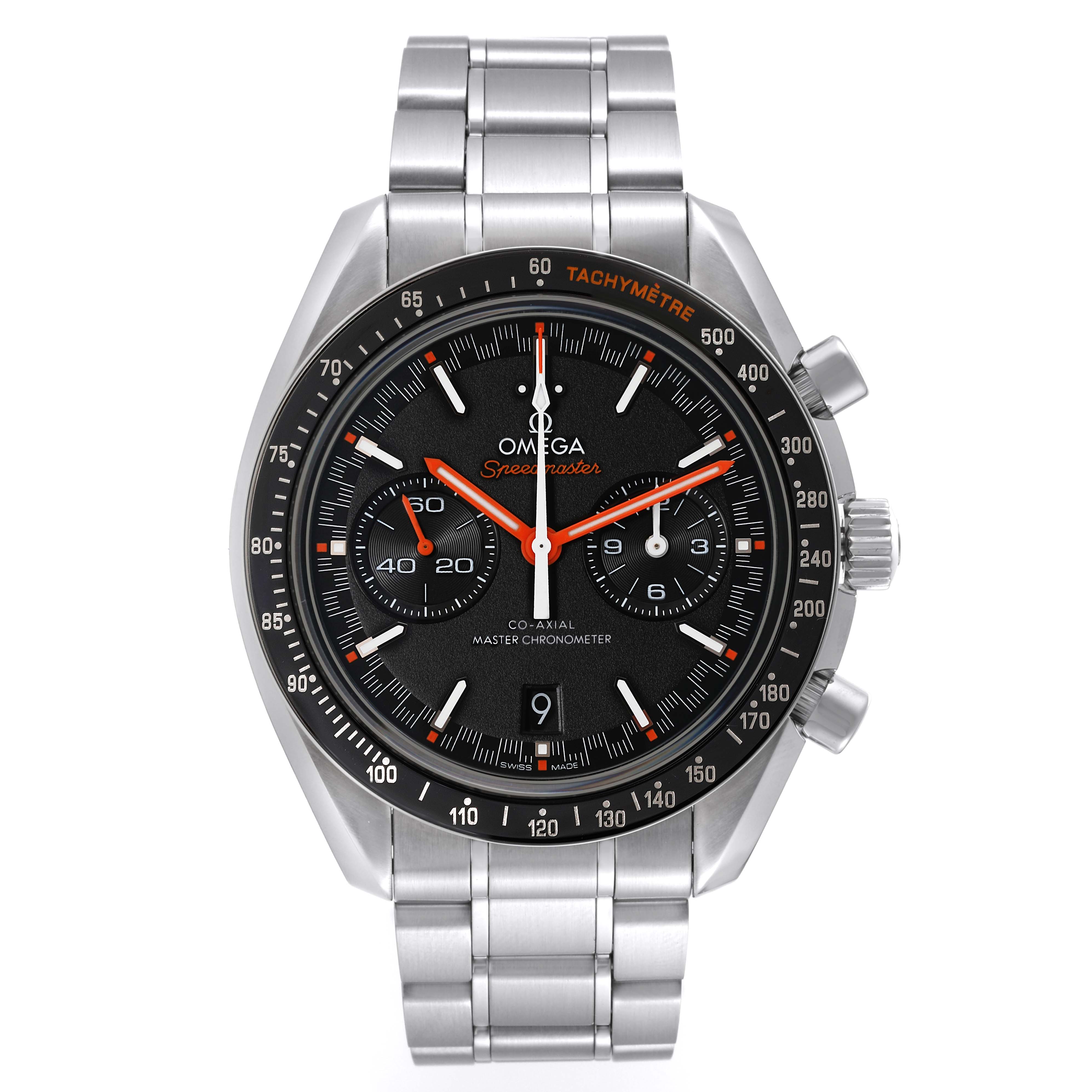 The image shows a front view of an Omega Speedmaster 329.30.44.51.01.002 Men's Stainless Steel Black Dial 329.30.44.51.01.002 Men's Stainless Steel Black Dial with a black dial and a stainless steel bracelet.