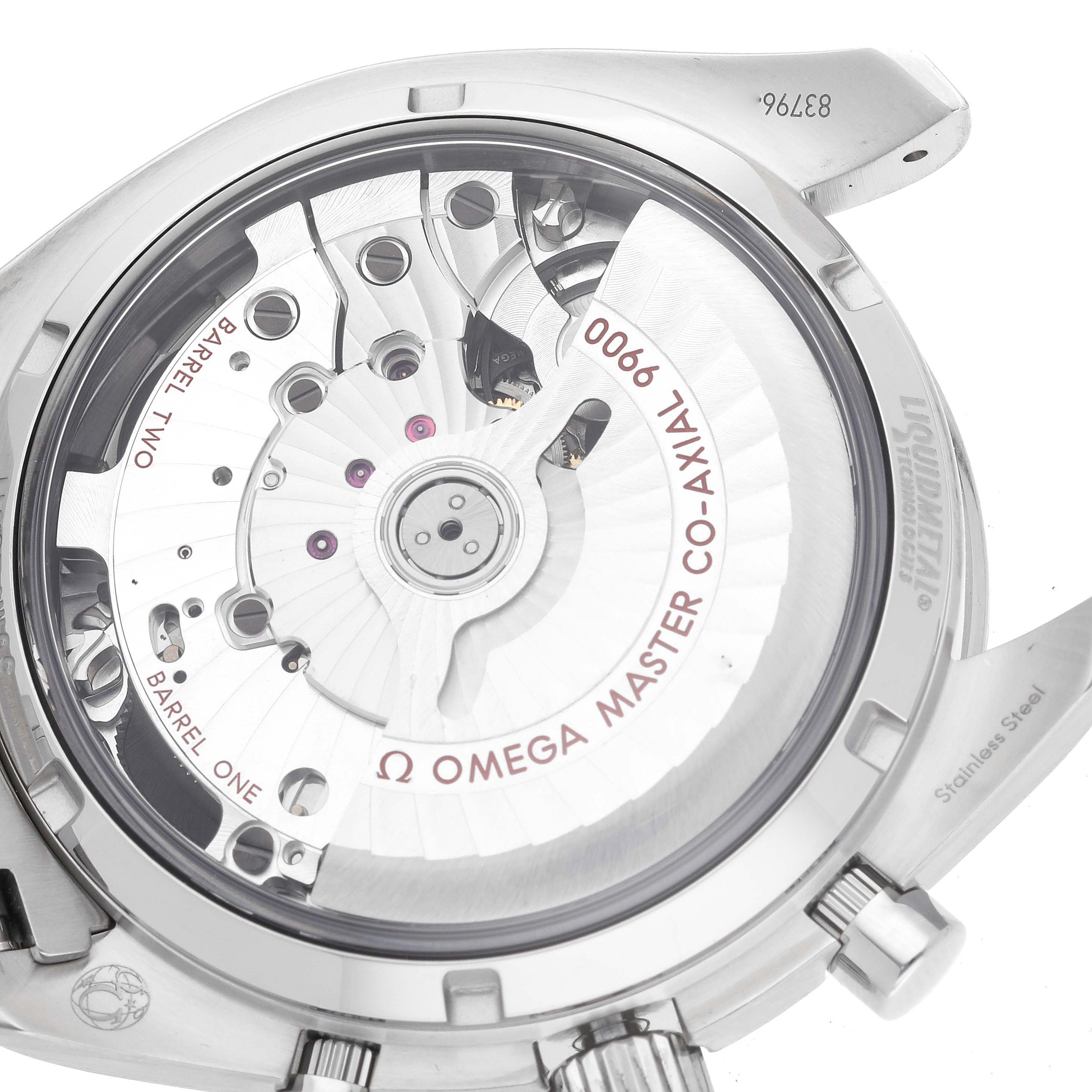 The image shows the back view of the Omega Speedmaster 329.30.44.51.01.002 Men's Stainless Steel Black Dial 329.30.44.51.01.002 Men's Stainless Steel Black Dial, revealing the watch's exposed Co-Axial movement and mechanisms.