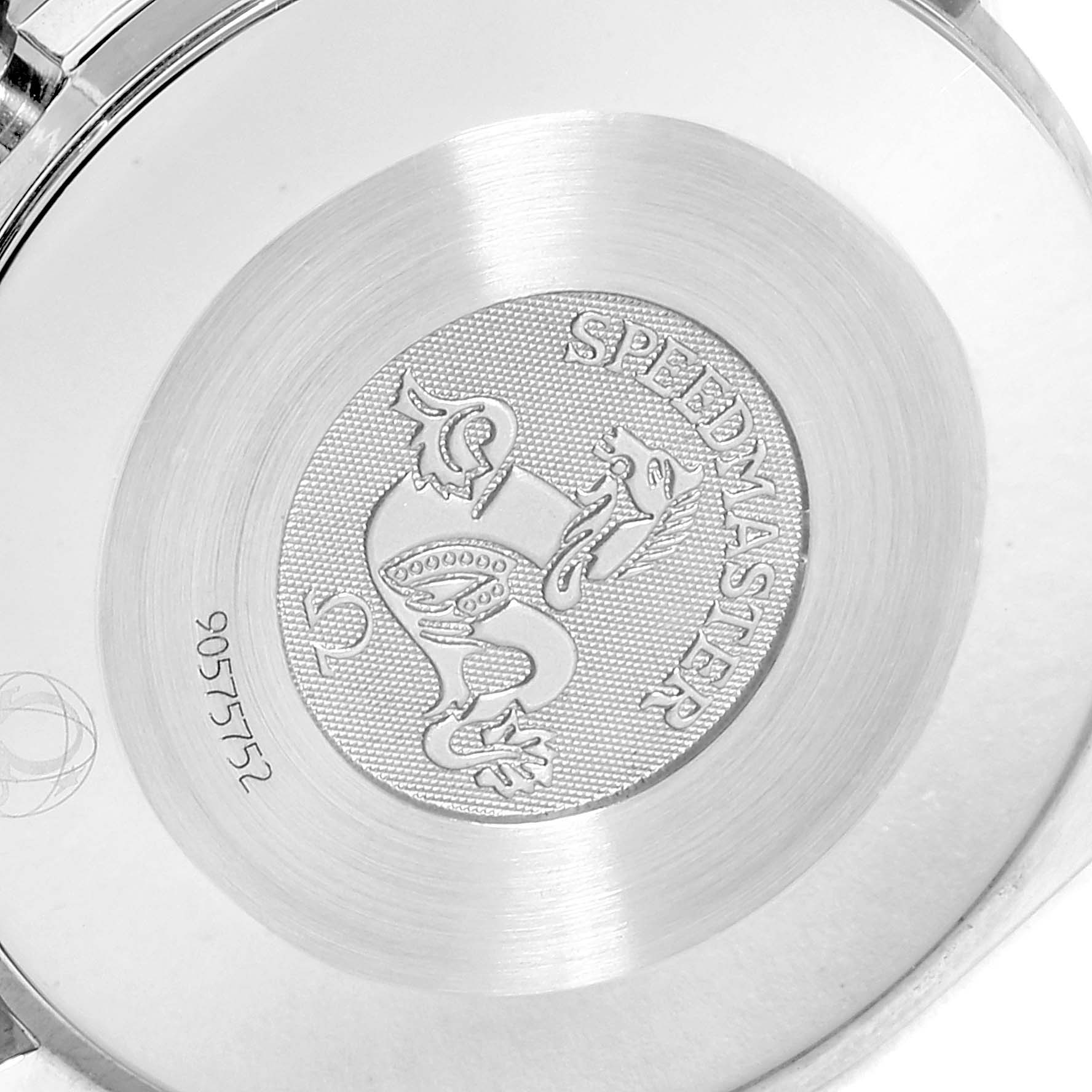 This image shows the engraved case back of an Omega Speedmaster 3539.50.00 Men
s Stainless Steel Black Dial 3539.50.00 Men
s Stainless Steel Black Dial watch.