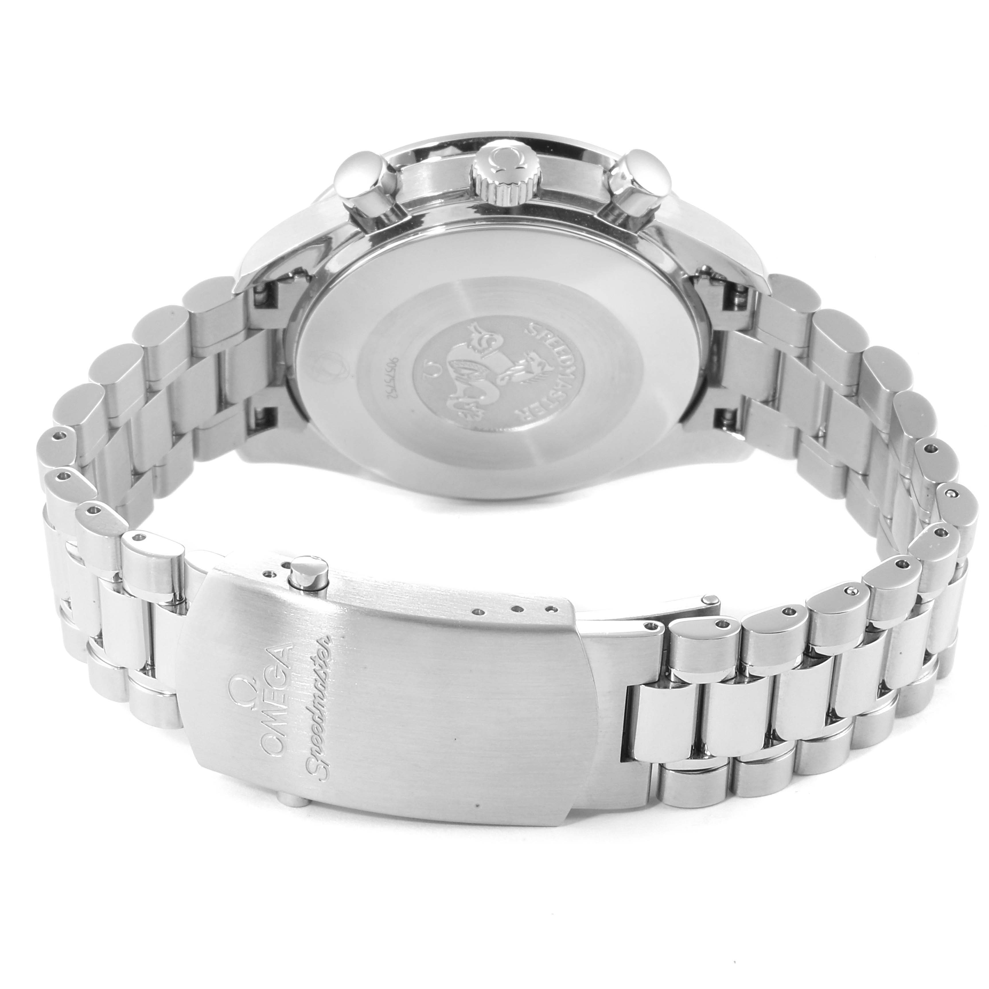 The image shows the back and clasp of an Omega Speedmaster 3539.50.00 Men
s Stainless Steel Black Dial 3539.50.00 Men
s Stainless Steel Black Dial watch, highlighting the bracelet and case back.