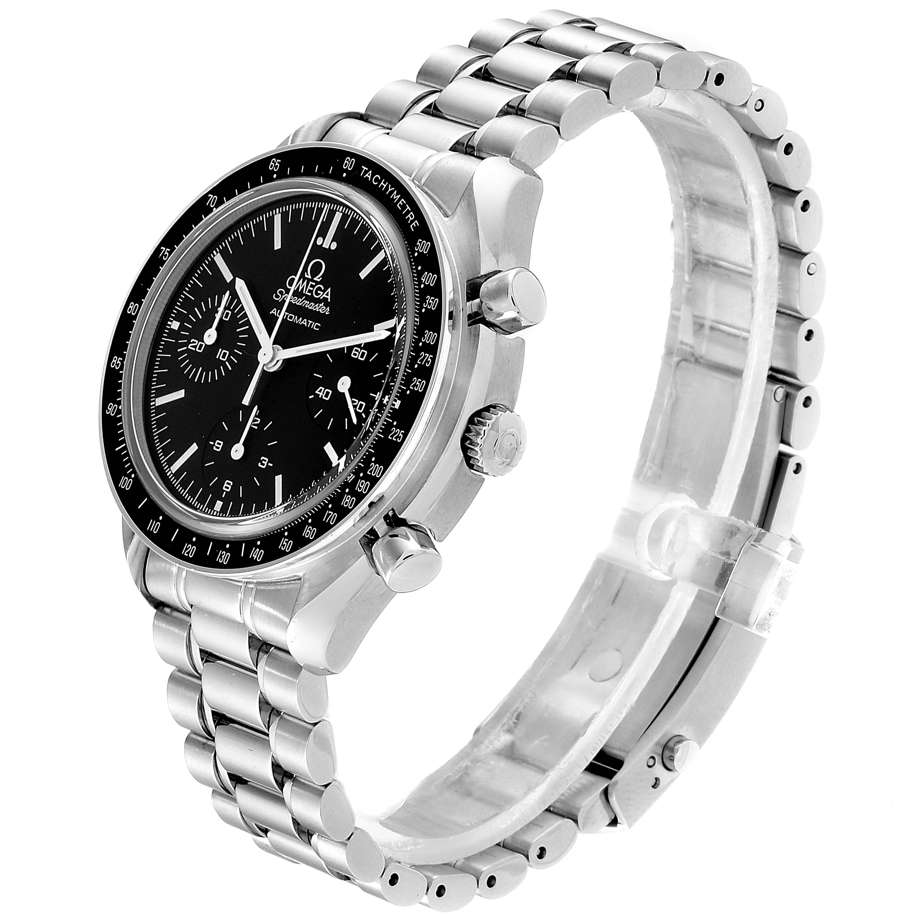 The image shows an Omega Speedmaster 3539.50.00 Men
s Stainless Steel Black Dial 3539.50.00 Men
s Stainless Steel Black Dial watch at a three-quarter view, displaying its black dial, tachymeter bezel, and stainless steel bracelet.