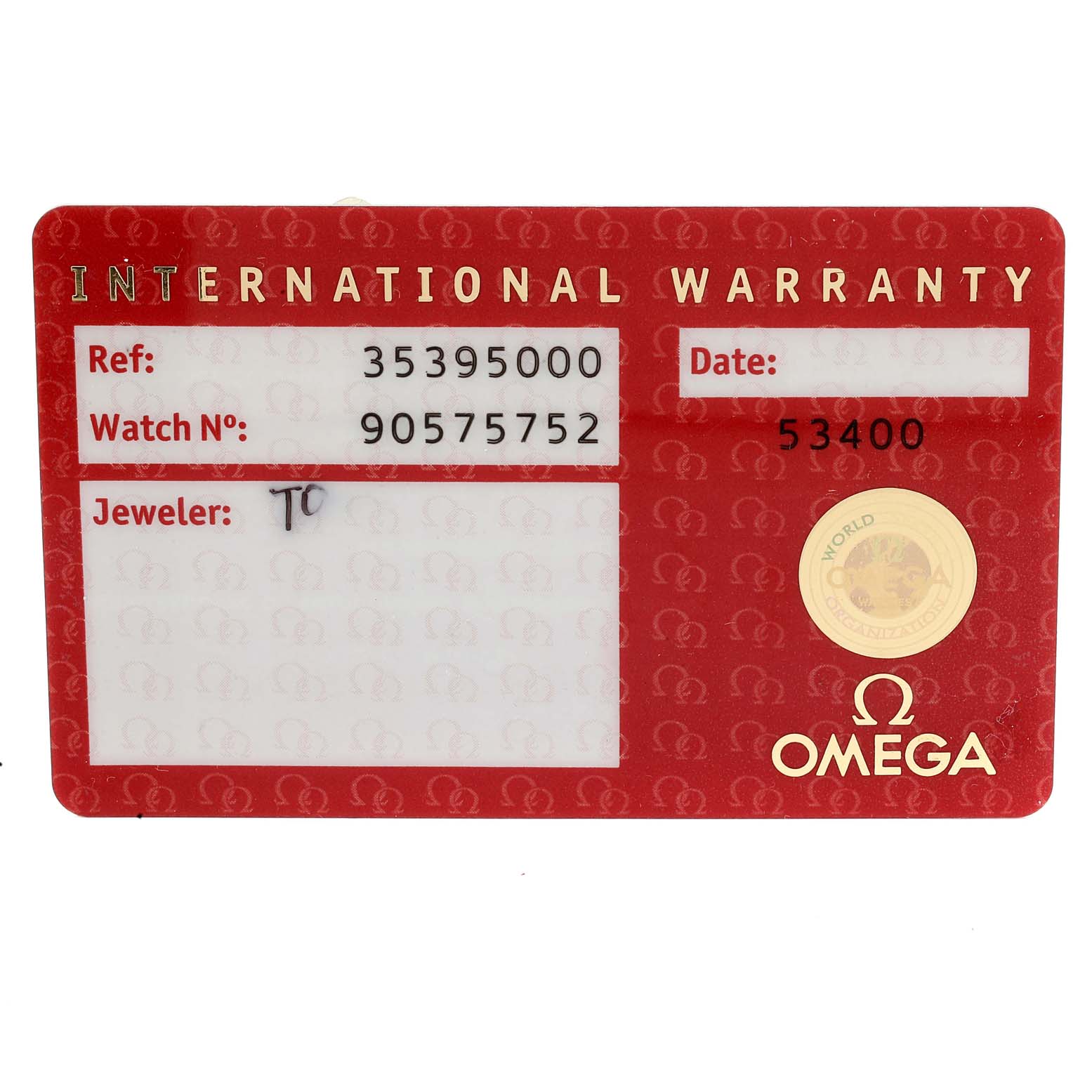 This image shows an Omega Speedmaster 3539.50.00 Men
s Stainless Steel Black Dial 3539.50.00 Men
s Stainless Steel Black Dial International Warranty card from a top-down angle.