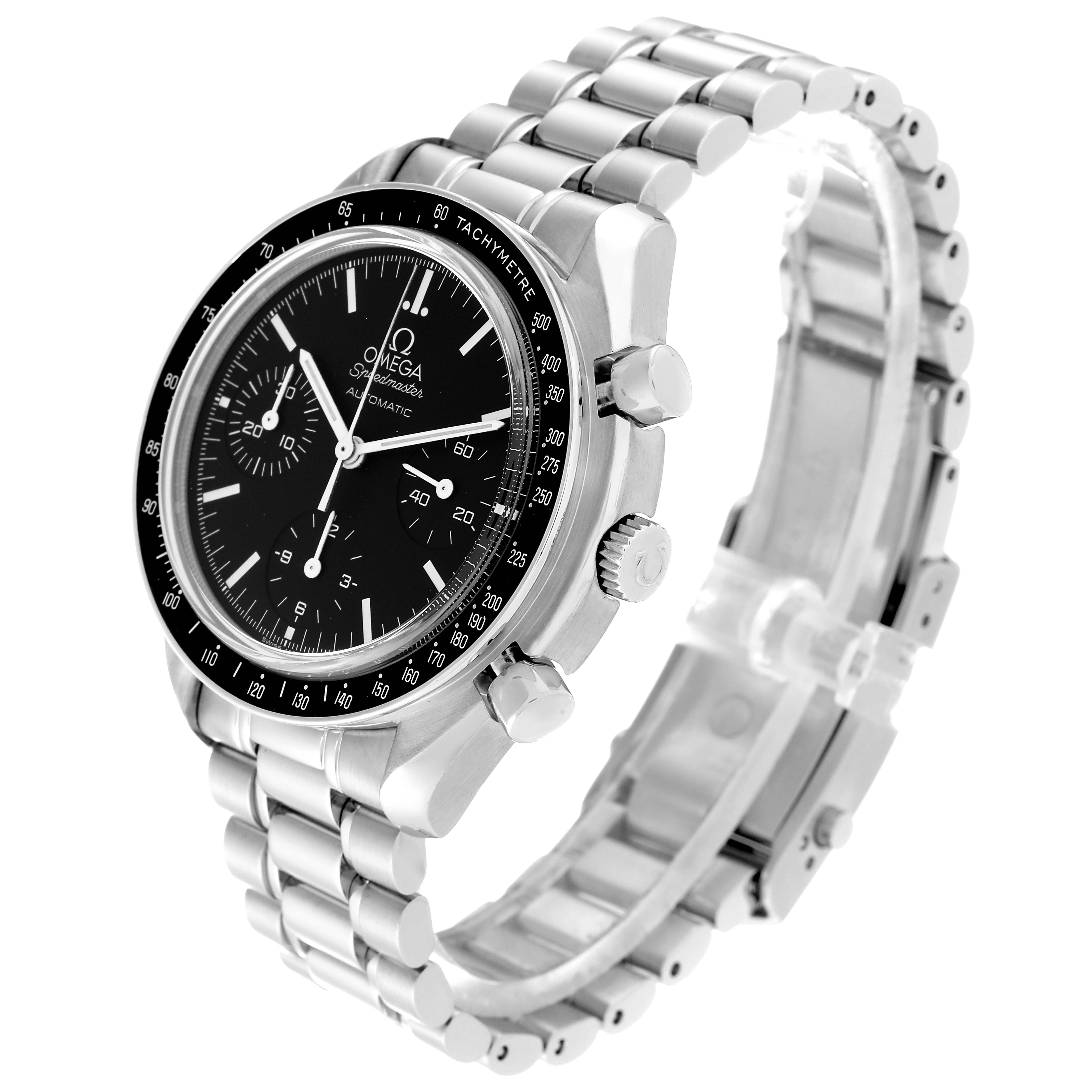 This image shows a side angle view of the Omega Speedmaster 3539.50.00 Men
s Stainless Steel Black Dial 3539.50.00 Men
s Stainless Steel Black Dial watch, highlighting its black dial, tachymeter bezel, and stainless steel bracelet.