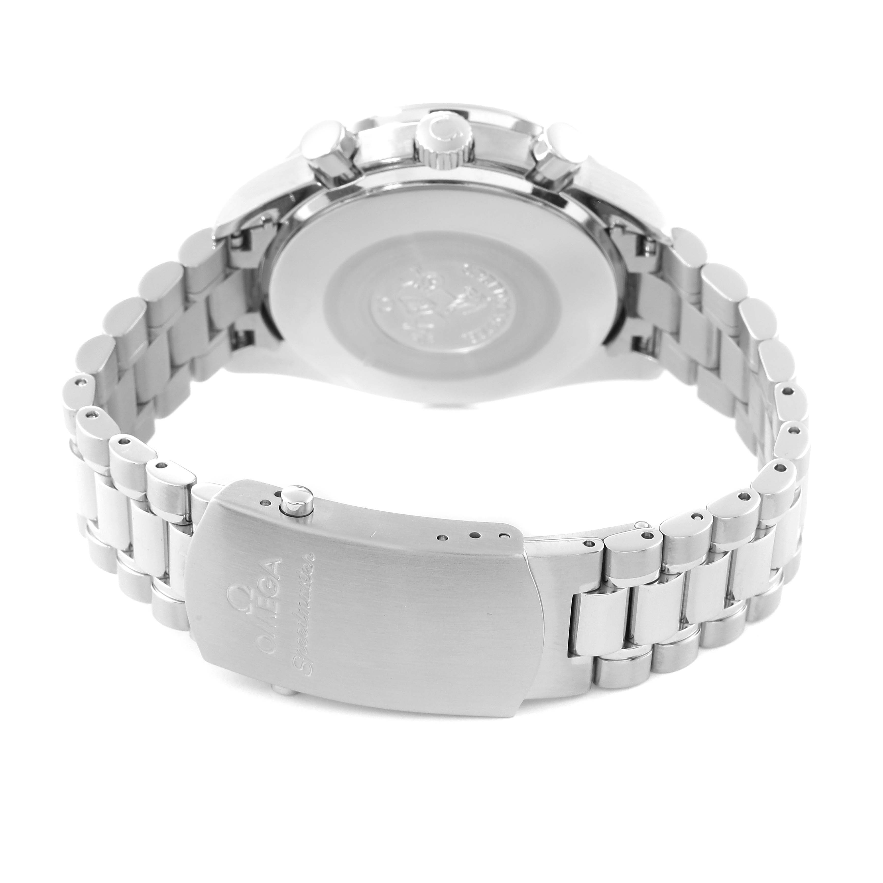The image shows the back view, clasp, and part of the bracelet of an Omega Speedmaster 3539.50.00 Men
s Stainless Steel Black Dial 3539.50.00 Men
s Stainless Steel Black Dial watch.