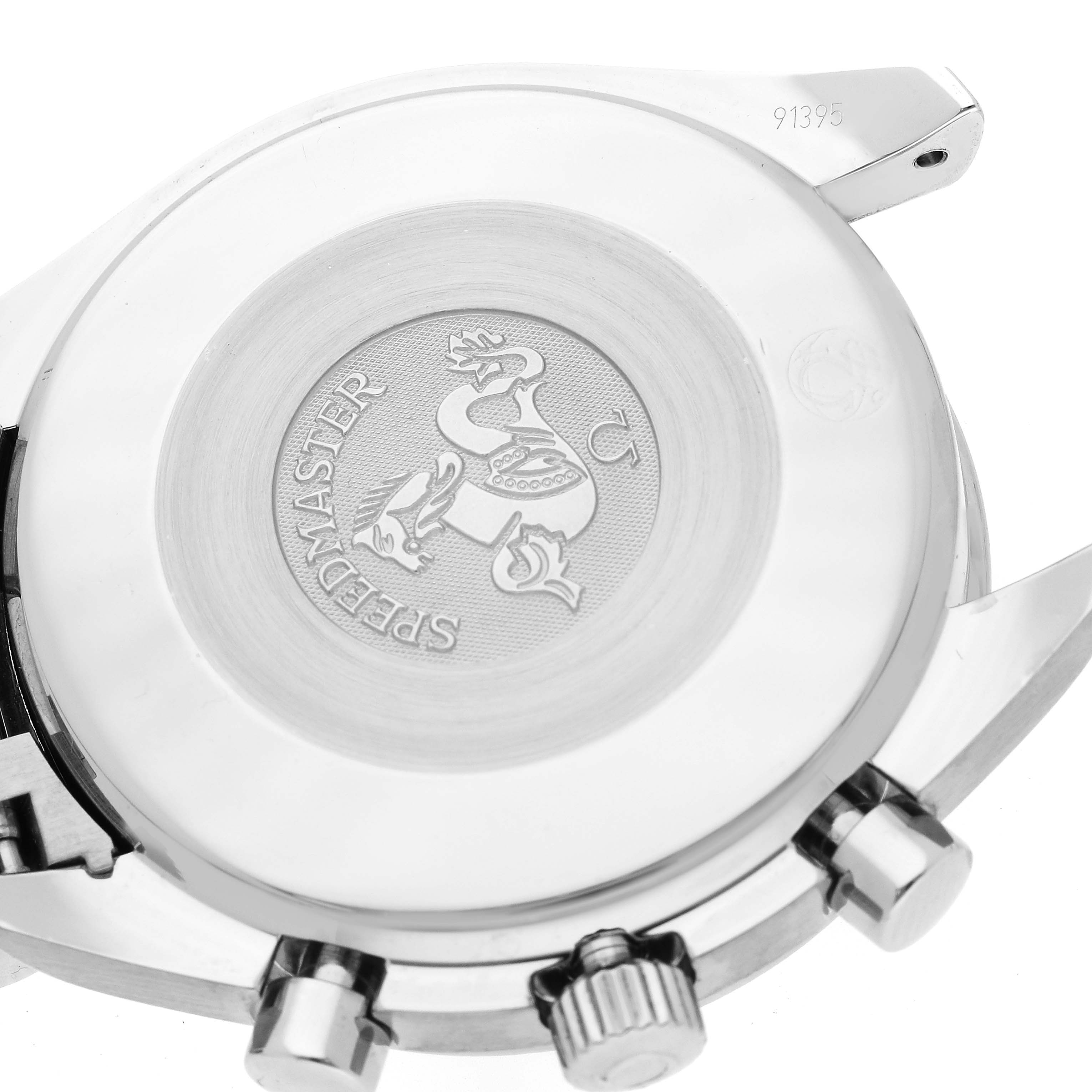 This image shows the back case of an Omega Speedmaster 3539.50.00 Men
s Stainless Steel Black Dial 3539.50.00 Men
s Stainless Steel Black Dial watch, highlighting the logo and some parts of the crown and pushers.