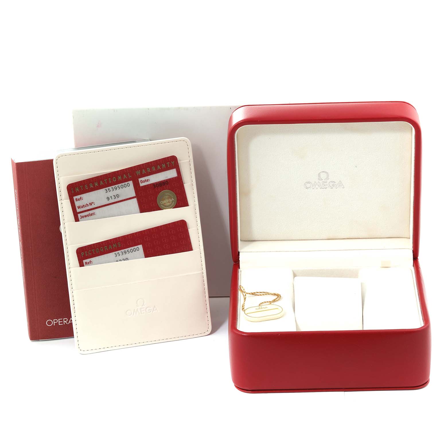 The image shows the packaging, warranty cards, and accessories for an Omega Speedmaster 3539.50.00 Men
s Stainless Steel Black Dial 3539.50.00 Men
s Stainless Steel Black Dial watch, including a red watch box and cardholder.