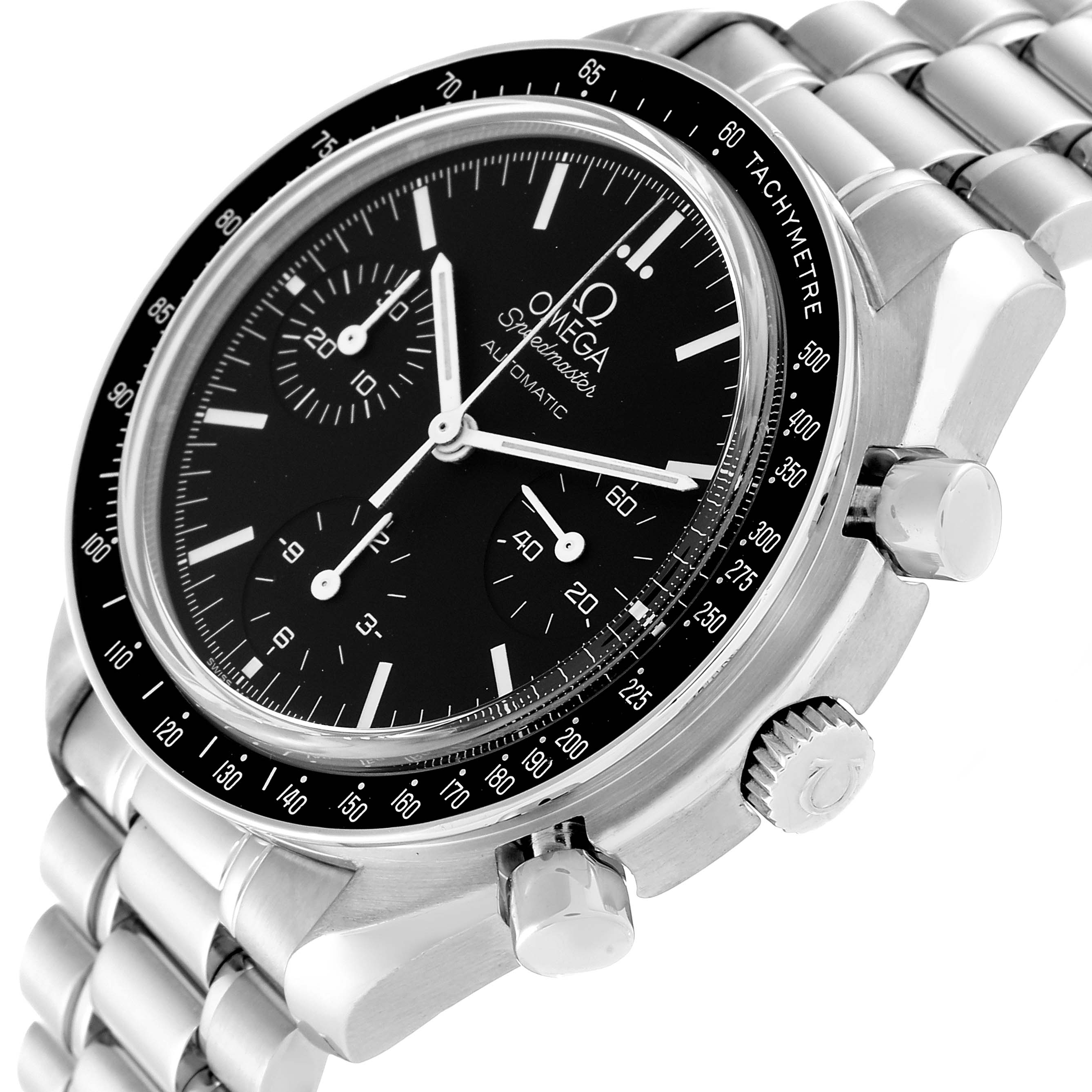 The image shows an angled view of the Omega Speedmaster 3539.50.00 Men
s Stainless Steel Black Dial 3539.50.00 Men
s Stainless Steel Black Dial watch, highlighting the dial, tachymeter, crown, and bracelet.