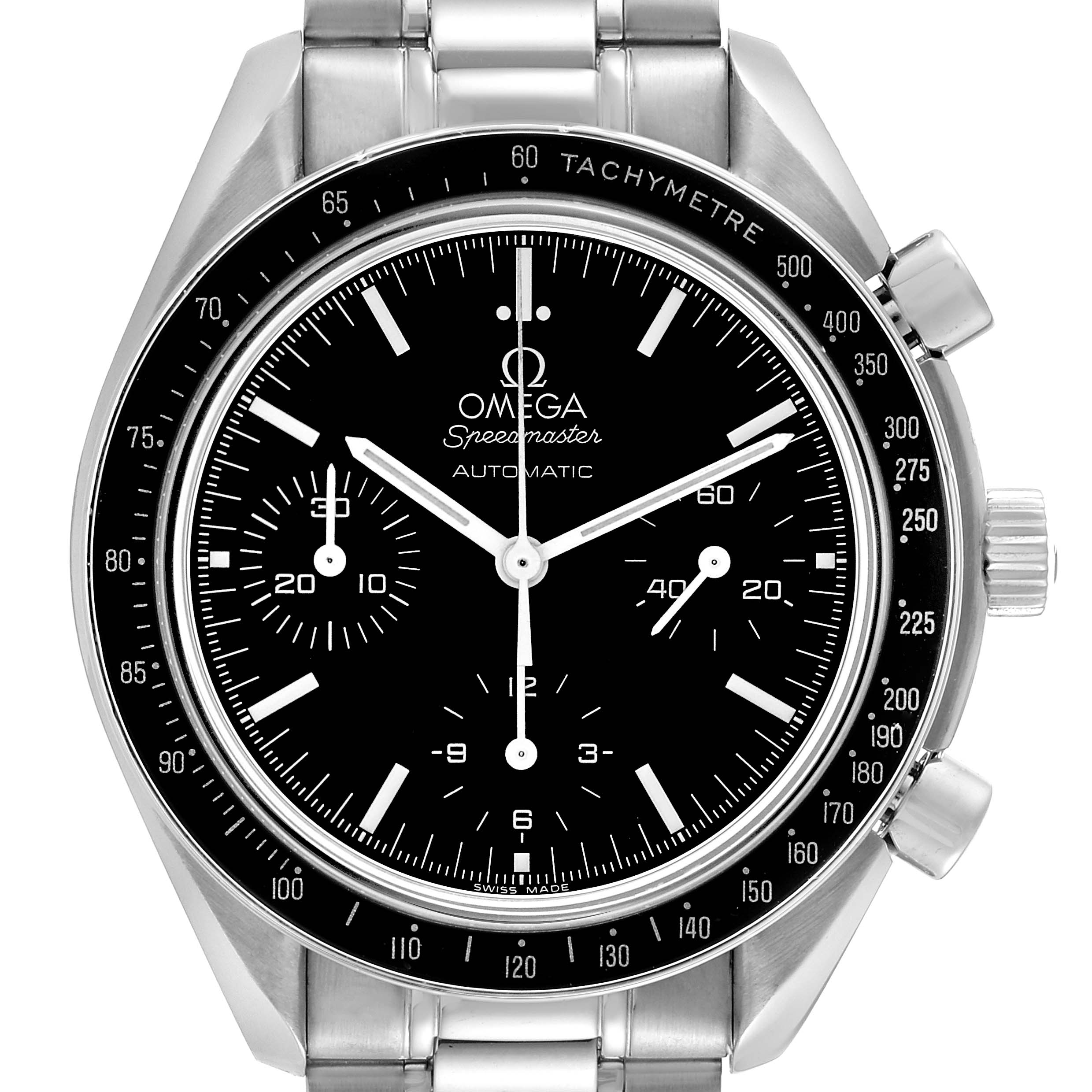 The image shows a close-up, front view of an Omega Speedmaster 3539.50.00 Men
s Stainless Steel Black Dial 3539.50.00 Men
s Stainless Steel Black Dial watch displaying the dial, sub-dials, bezel, and part of the bracelet.