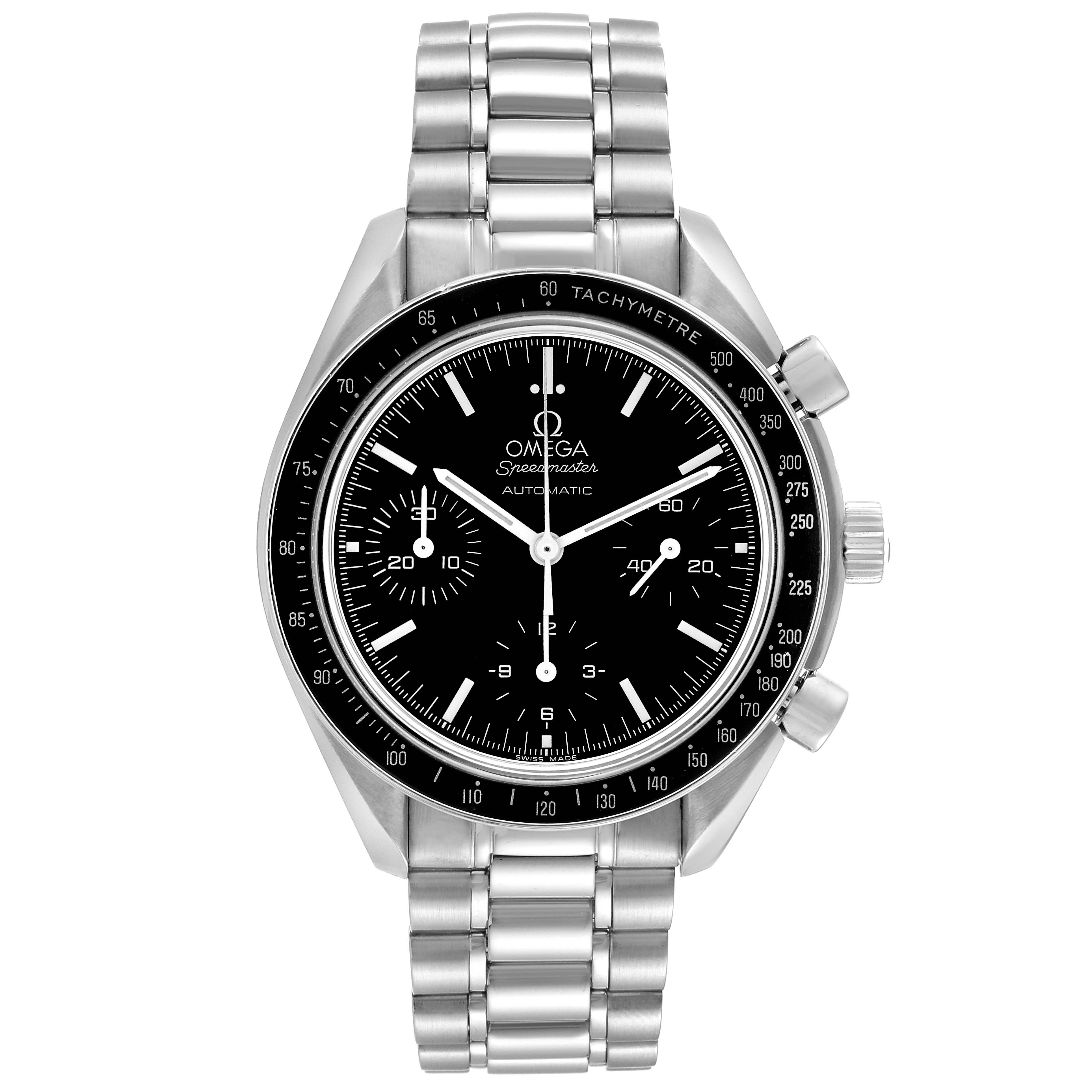 The image shows a front view of an Omega Speedmaster 3539.50.00 Men
s Stainless Steel Black Dial 3539.50.00 Men
s Stainless Steel Black Dial watch, displaying its dial, case, and stainless steel bracelet.