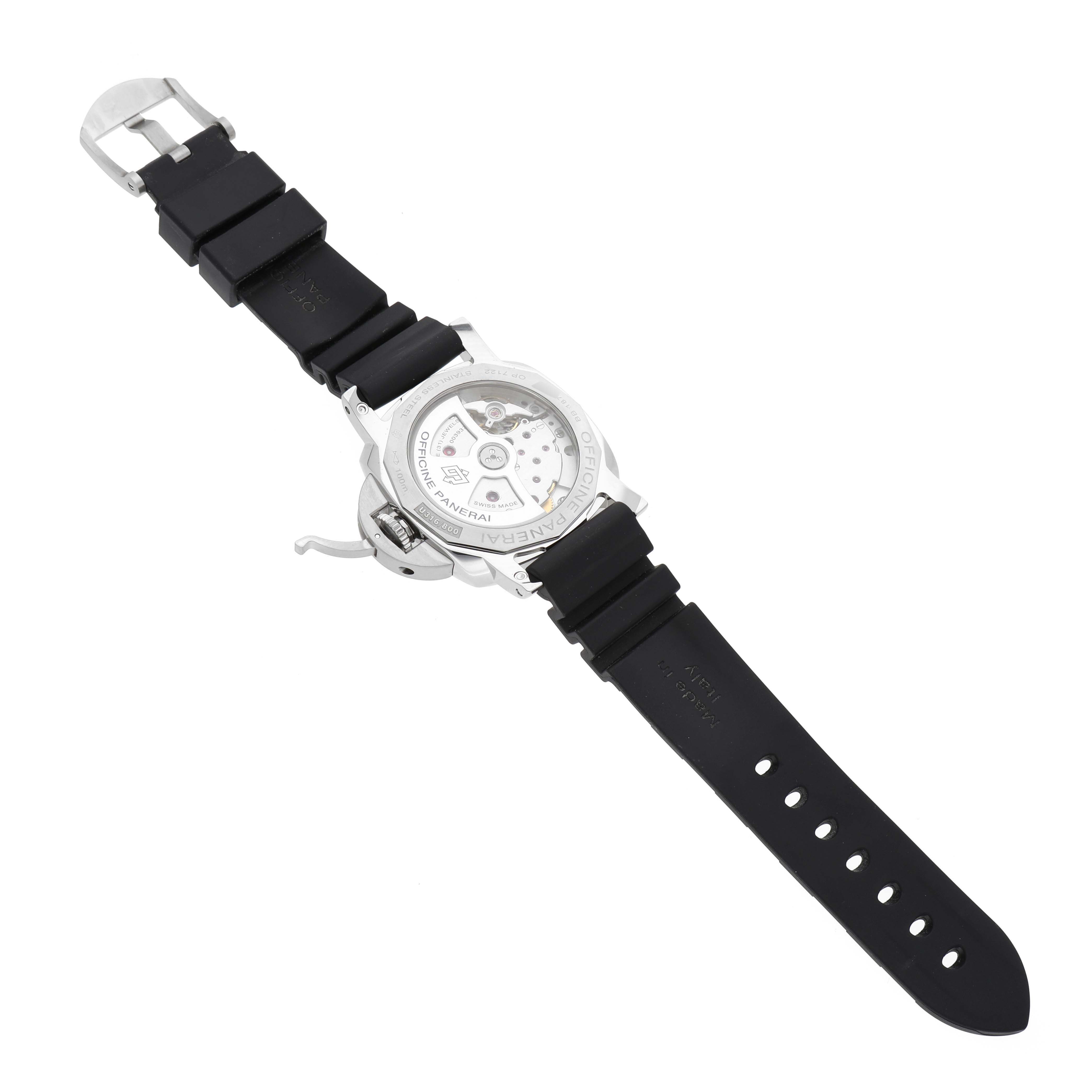 The image shows the back view of a Panerai Luminor PAM01537 Men's Stainless Steel Black Dial PAM01537 Men's Stainless Steel Black Dial watch, highlighting the movement and the black rubber strap.