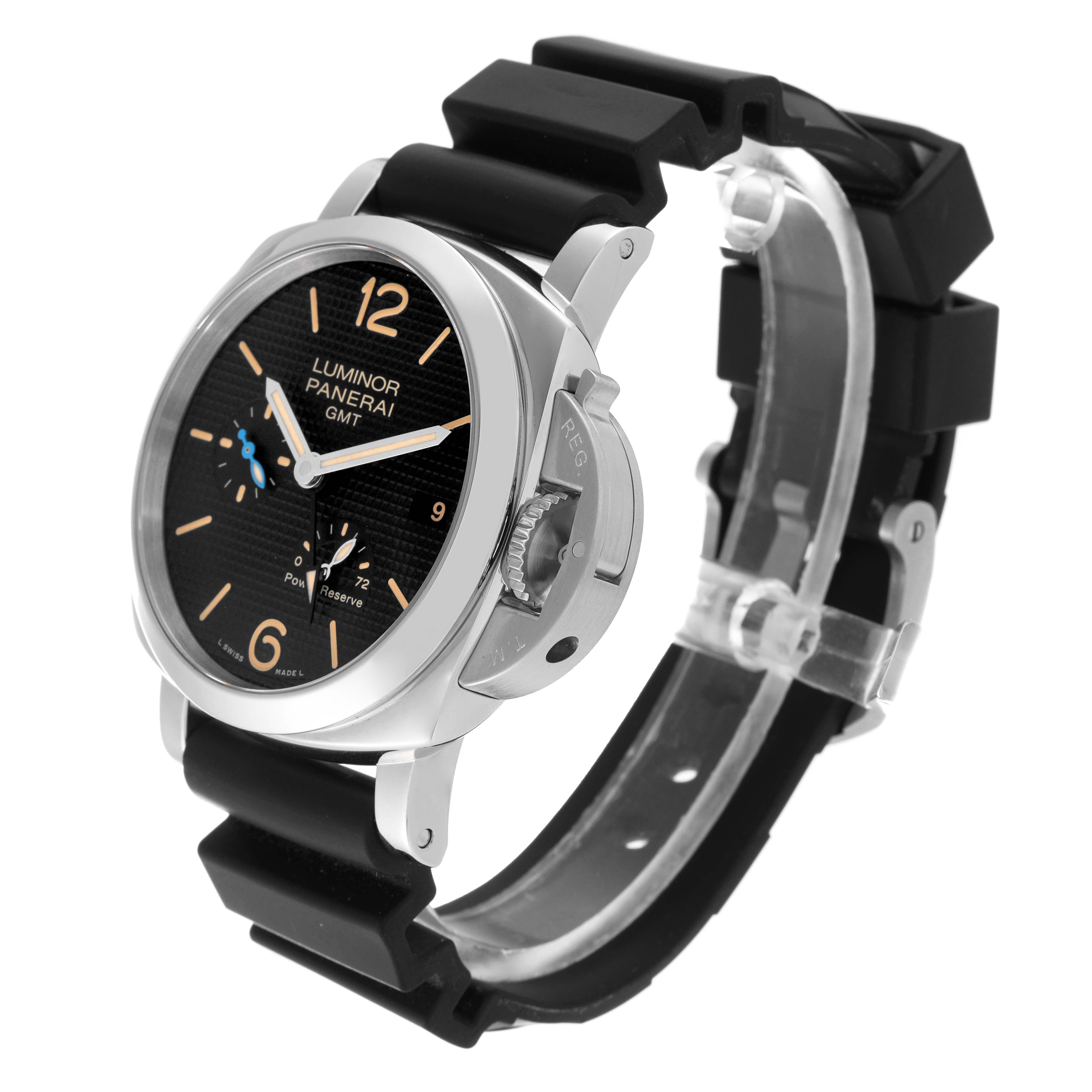This Panerai Luminor PAM01537 Men's Stainless Steel Black Dial PAM01537 Men's Stainless Steel Black Dial watch is shown at a slight side angle, highlighting its dial, crown guard, and rubber strap.