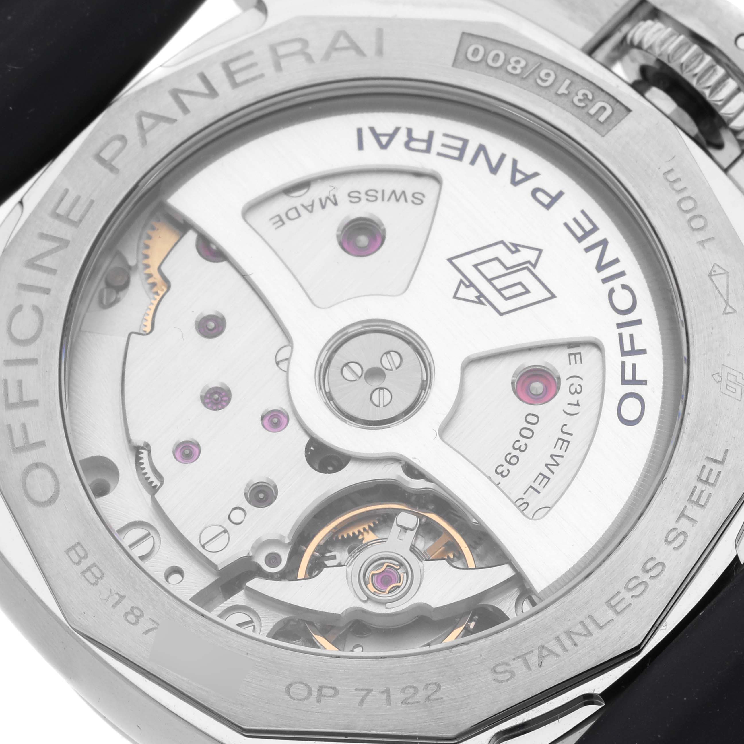 The image shows the back view of the Panerai Luminor PAM01537 Men's Stainless Steel Black Dial PAM01537 Men's Stainless Steel Black Dial watch, highlighting its internal movement and branding.