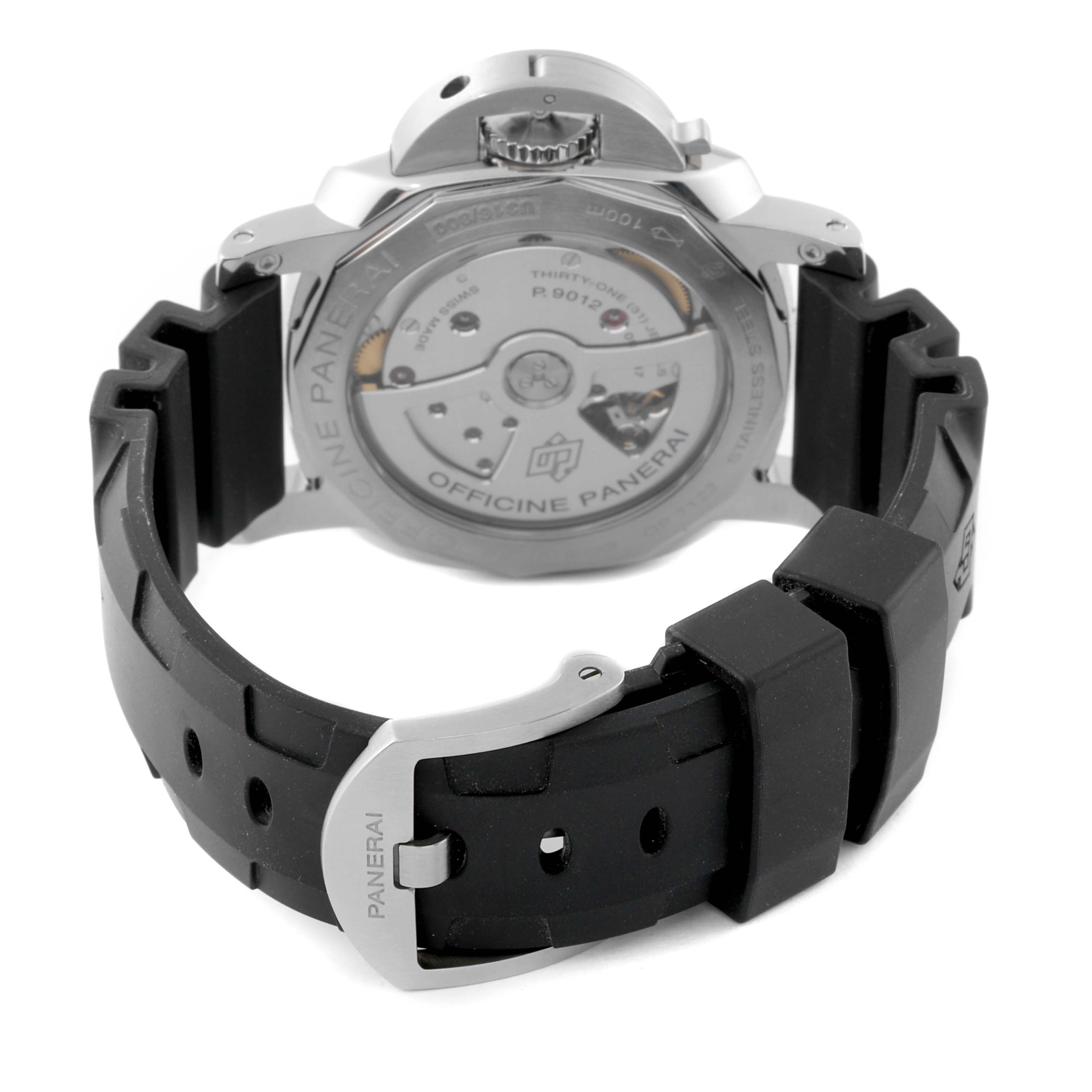 The image shows the back of a Panerai Luminor PAM01537 Men's Stainless Steel Black Dial PAM01537 Men's Stainless Steel Black Dial watch, highlighting the case back, crown protector, and black rubber strap with a clasp.